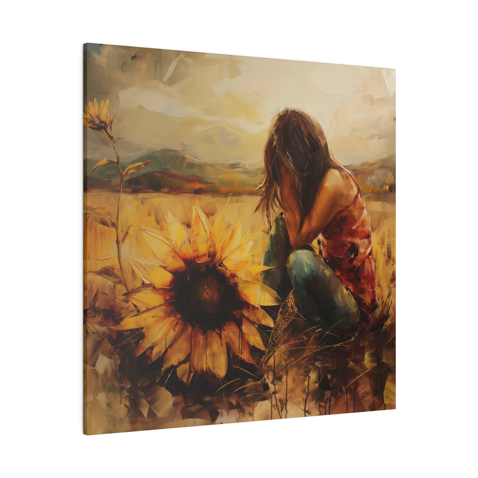 A Elena Duval: Solace in Solitude. Exclusive Canvas Print emotively captures the human experience of a woman sitting among large sunflowers, symbolizing growth and adoration, available from Printify.