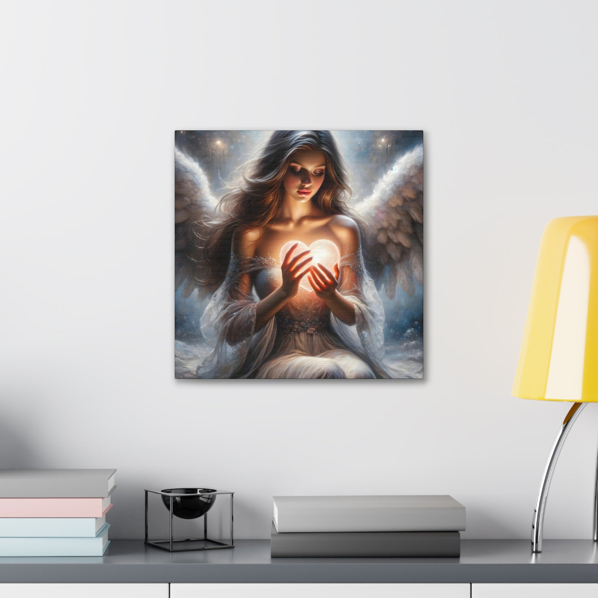 in situ Celestial Embrace' canvas wall art by Aurora, featuring an angelic being cradling a glowing heart to symbolize the purity and passion of love. The artwork is rich in ethereal details and luminescent tones, creating a serene yet powerful ambiance, ideal for those who love heavenly-inspired decor with a romantic touch.