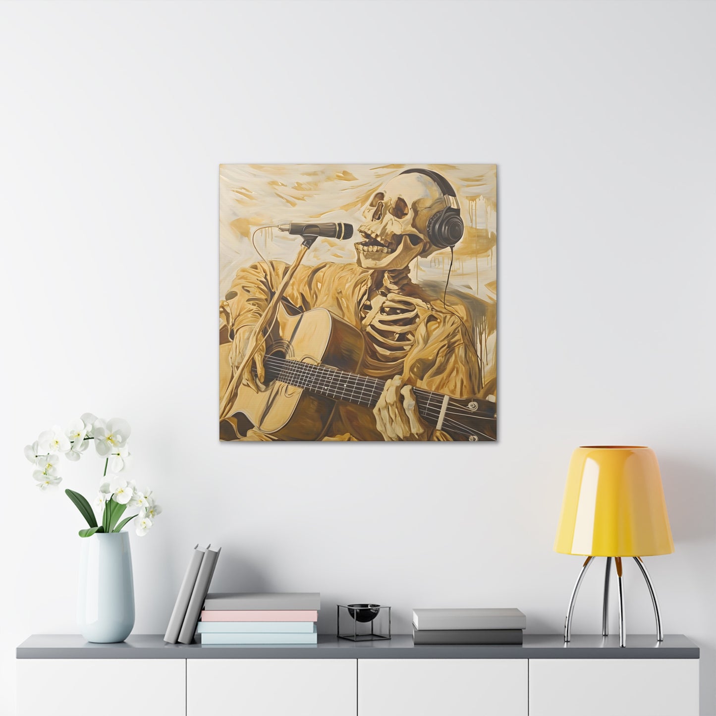 in situ 2 depicting a skeleton singing into a microphone, embodying music's redemptive power, inspired by 'American Pie' lyrics, with golden tones symbolizing music's sanctity