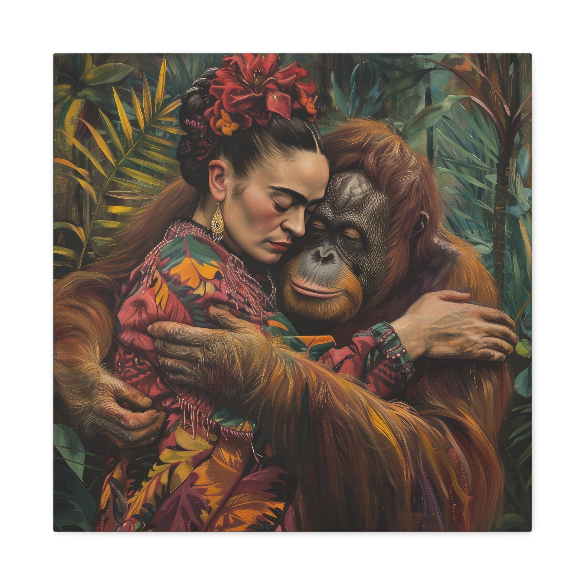A woman and an orangutan in a heartfelt embrace amidst a tropical background, depicted on a vibrant Printify canvas print of the David Miller Embrace of the Wild.