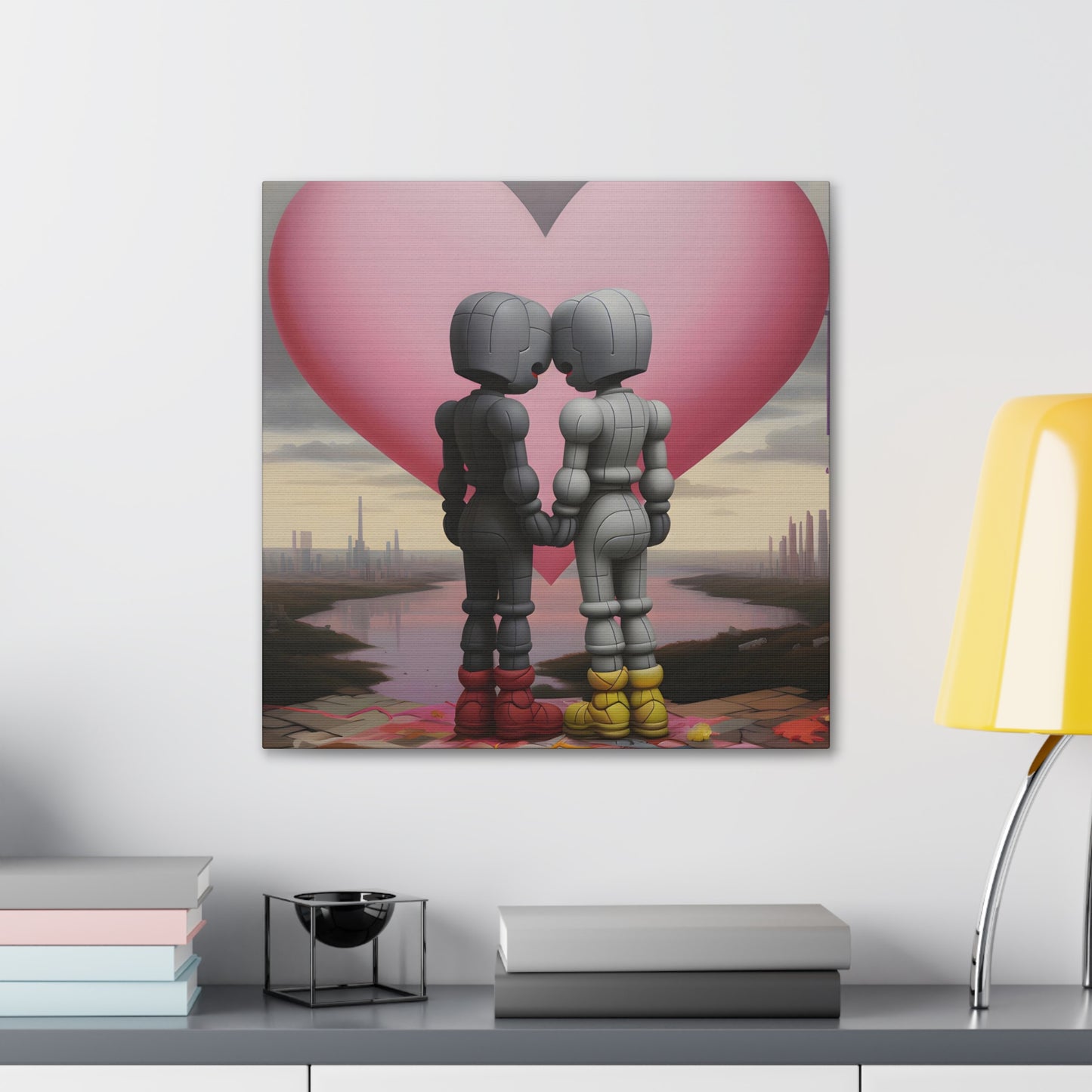in situ 2 Contemporary artwork by Archer Dent, reflecting on connection in a mechanized era, blending urban surrealism with a tender embrace against a stark cityscape, provoking thoughts on love amidst modernity.