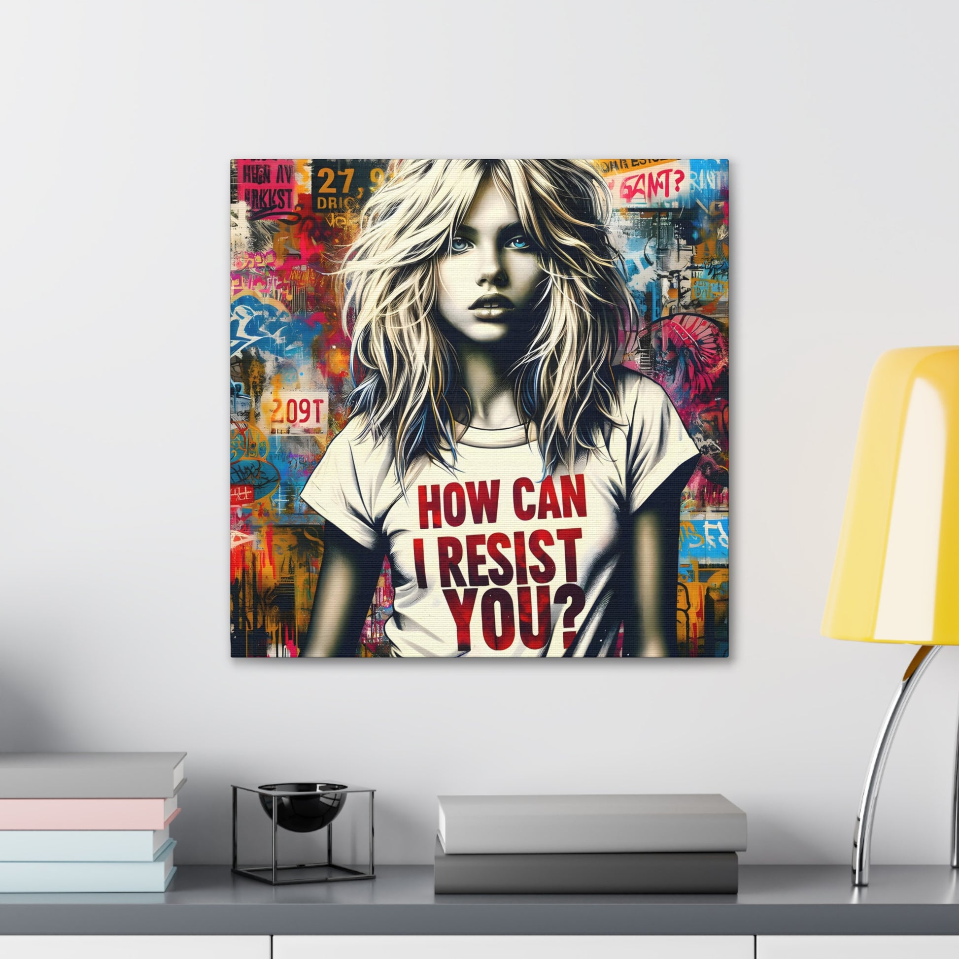 in situ with desk AI-generated art, 'Resist You? – An ABBA Echo,' with a modern Aphrodite in urban setting, her shirt reading 'HOW CAN I RESIST YOU?' amidst colorful graffiti, echoing ABBA's themes.