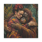 Woman in a Frida Kahlo inspired floral dress embracing an orangutan amidst a lush green backdrop printed on a David Miller. Embrace of the Wild Exclusive Canvas Print by Printify.
