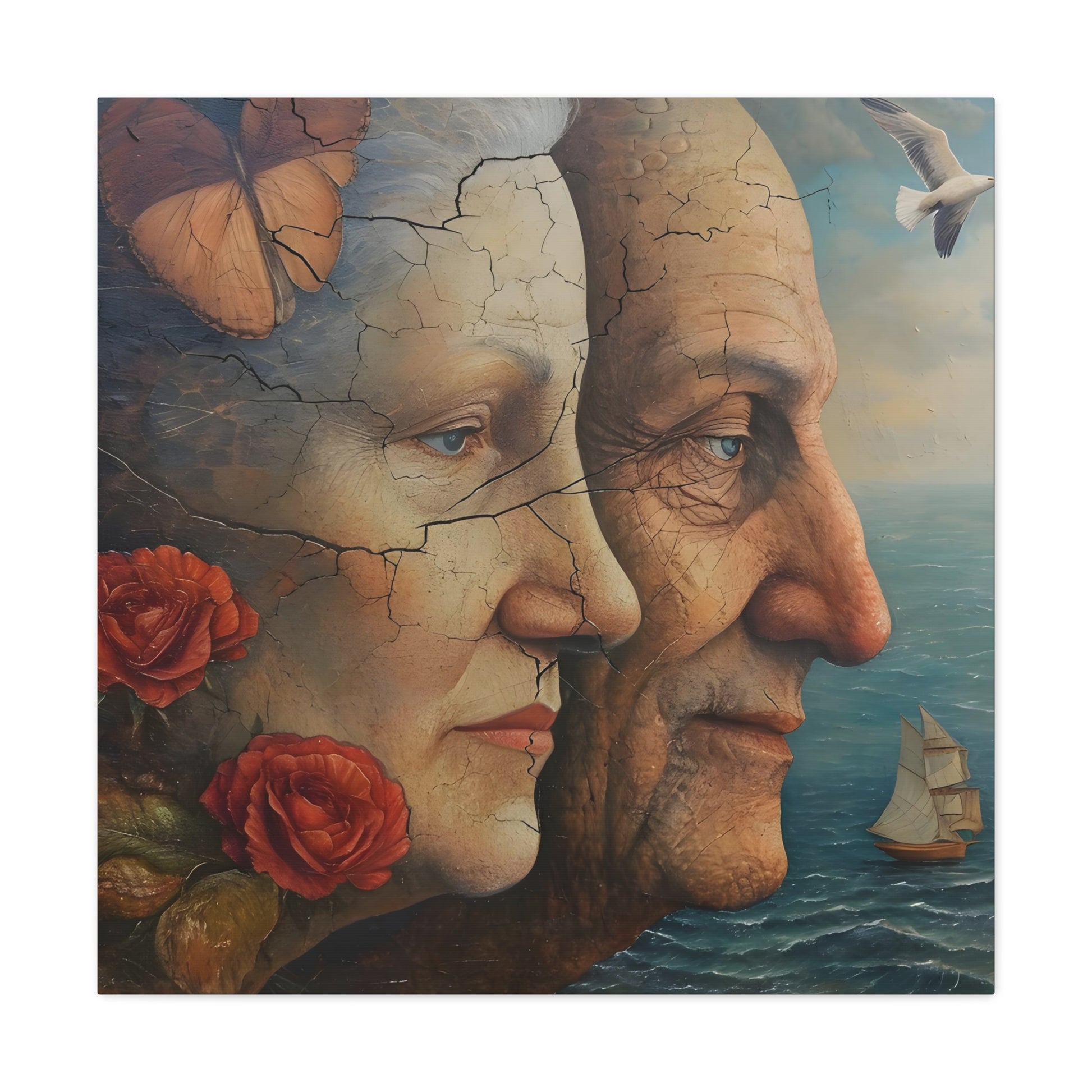 image 2 Evocative painting by Alteo Marin depicting two faces, symbolizing different life stages or a shared lifetime. Features include a cracked texture representing life's experiences, a butterfly on a woman’s temple symbolizing transformation, roses for romance, a tranquil sea background with a sailing ship for life's journey, and a seagull representing freedom. Printed on 100% cotton fabric for vibrant detail.