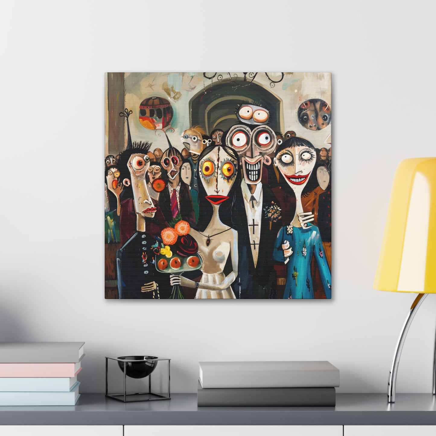in situ Whimsical wedding scene with caricatured bride and groom, surrounded by guests with exaggerated, comical expressions, set against a backdrop of abstract and surreal elements