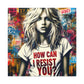 AI-generated art, 'Resist You? – An ABBA Echo,' with a modern Aphrodite in urban setting, her shirt reading 'HOW CAN I RESIST YOU?' amidst colorful graffiti, echoing ABBA's themes.