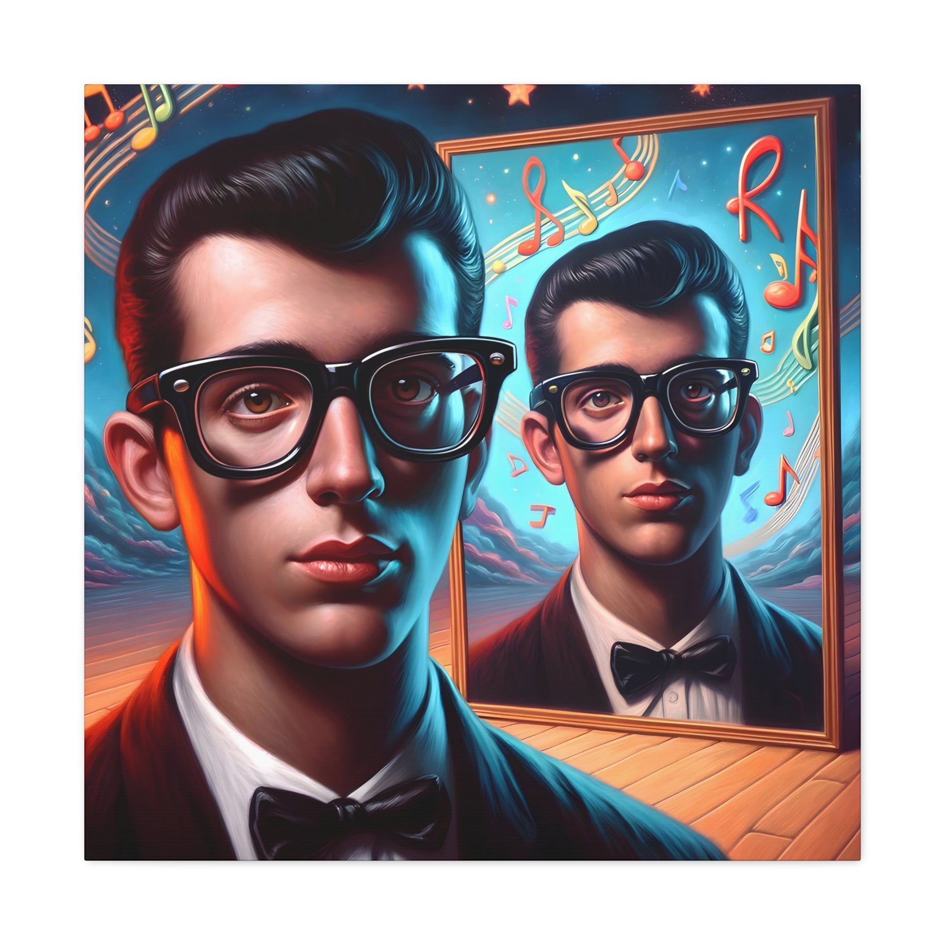 image 2 Vibrant retro-inspired artwork capturing the essence of the 1950s rock and roll era. Features a cool vintage figure with slick hair and thick-rimmed glasses, gazing into a mirror that reflects a dreamy, music-filled cosmos with musical notes and celestial bodies. Warm color palette with twilight blues, depicting an intimate yet imaginative scene reminiscent of vinyl and jukeboxes.