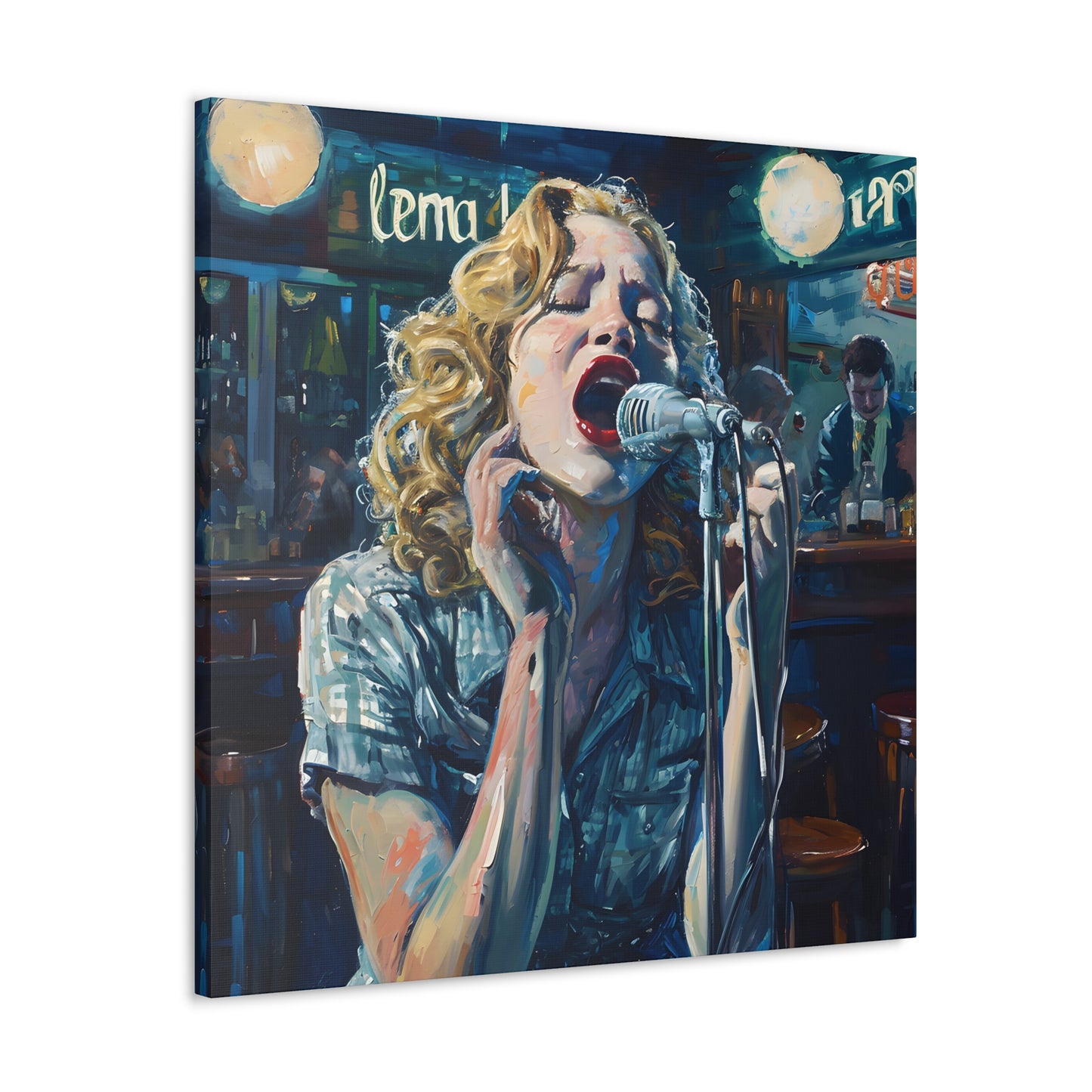 angled 2 Artwork evoking 'American Pie' by Don McLean, with a singer's expressive performance reflecting the song's themes of innocence lost and enduring music, set in a moody, dimly lit bar ambiance.