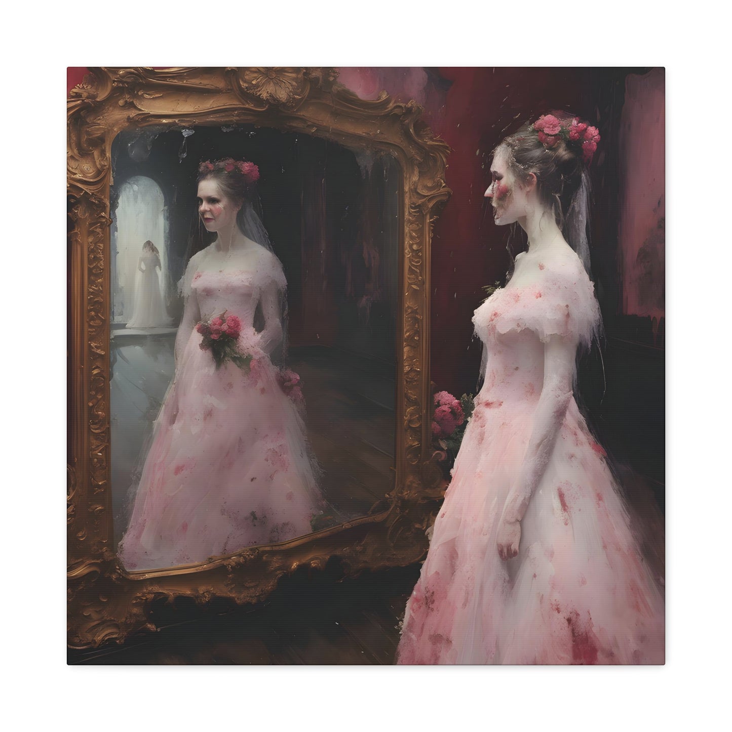 image 4 Reflections of a Timeless Moment' painting captures a bride in a vintage pink gown, reflecting in a grandiose mirror in a Victorian dressing room. The artwork contrasts the opulent gold frame with the room's dark tones, highlighting her delicate dress and tender expression, symbolizing personal reflection and quiet joy before a life-changing event