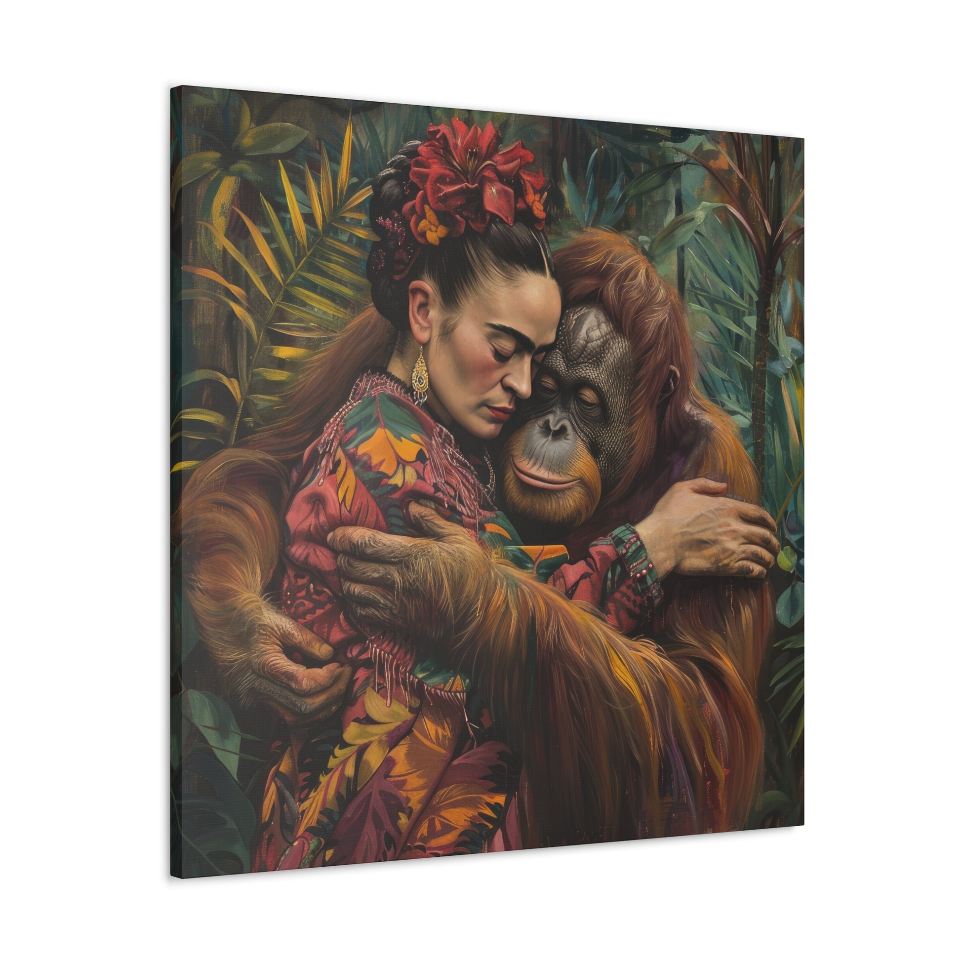 An artistic rendering of a woman embracing an orangutan amidst lush foliage, captured in a vibrant David Miller. Embrace of the Wild. Exclusive Canvas Print by Printify.