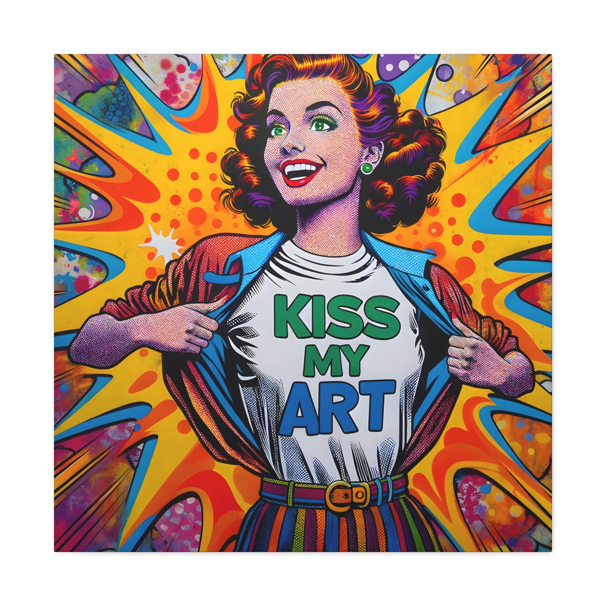 image 3 ‘Chromatic Charm: Kiss My Art’ by Alvin Goldman, a pop art piece inspired by Roy Lichtenstein, featuring a girl with a radiant smile wearing a 'Kiss My Art' tee, embodying the movement's playful essence and bold colors, ideal for art enthusiasts looking to add a burst of color and pop culture to their space."