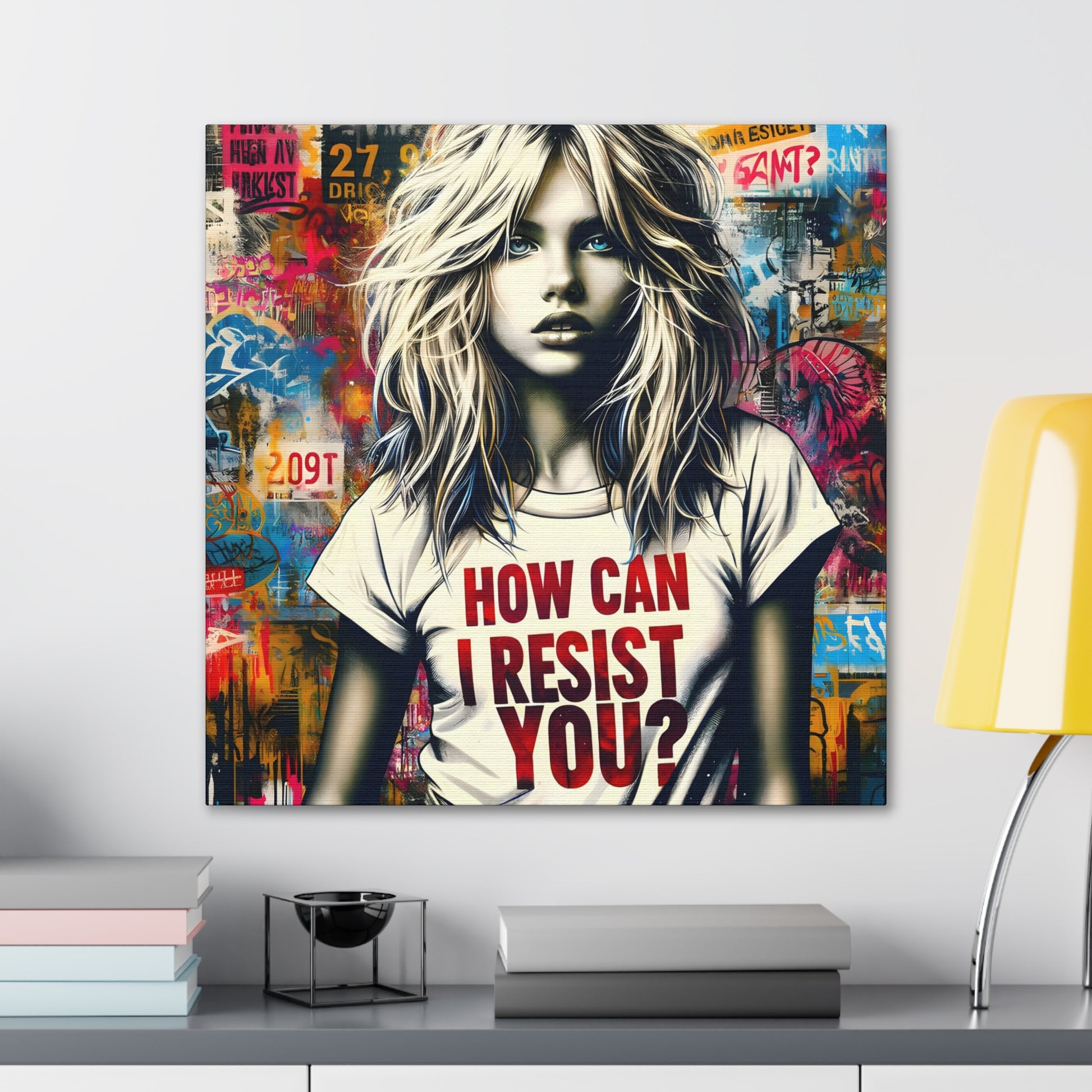 in situ desk shot AI-generated art, 'Resist You? – An ABBA Echo,' with a modern Aphrodite in urban setting, her shirt reading 'HOW CAN I RESIST YOU?' amidst colorful graffiti, echoing ABBA's themes.