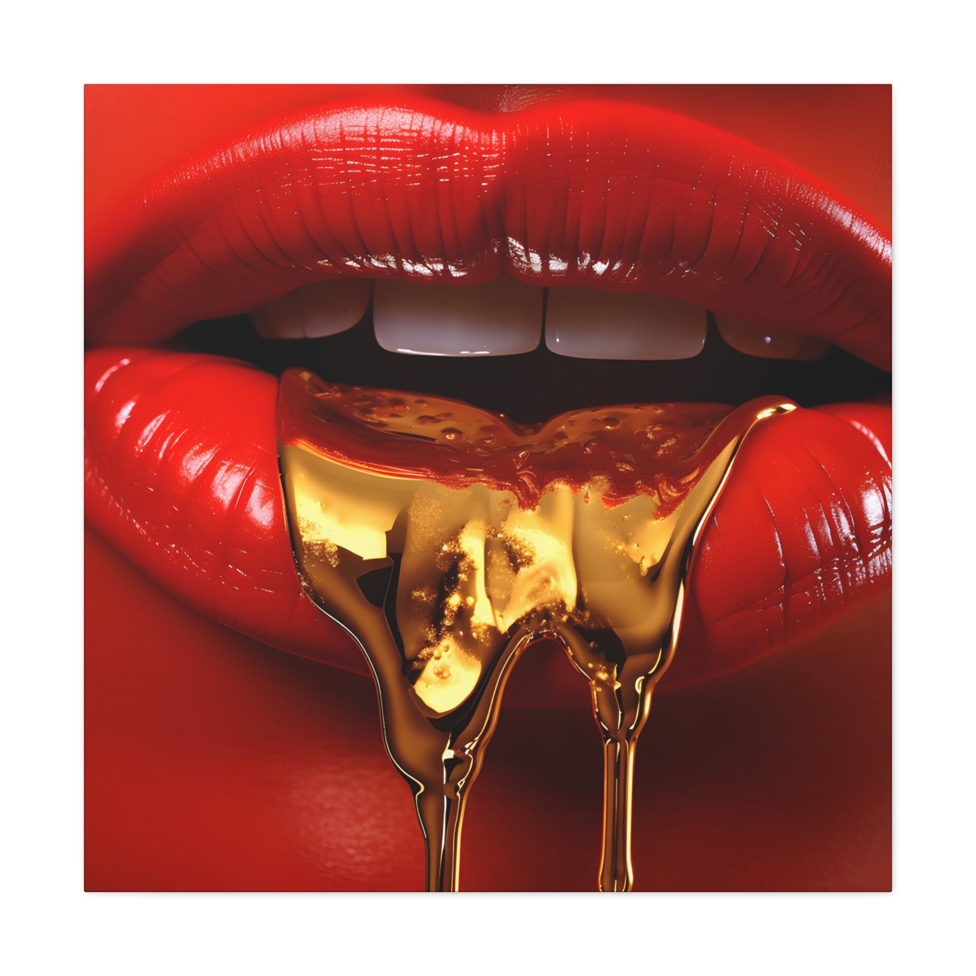image 6 Golden Seduction by Cassian Marlowe, wall art depicting glossy red lips and molten gold, symbolizing allure and ambition in the theme of opulence
