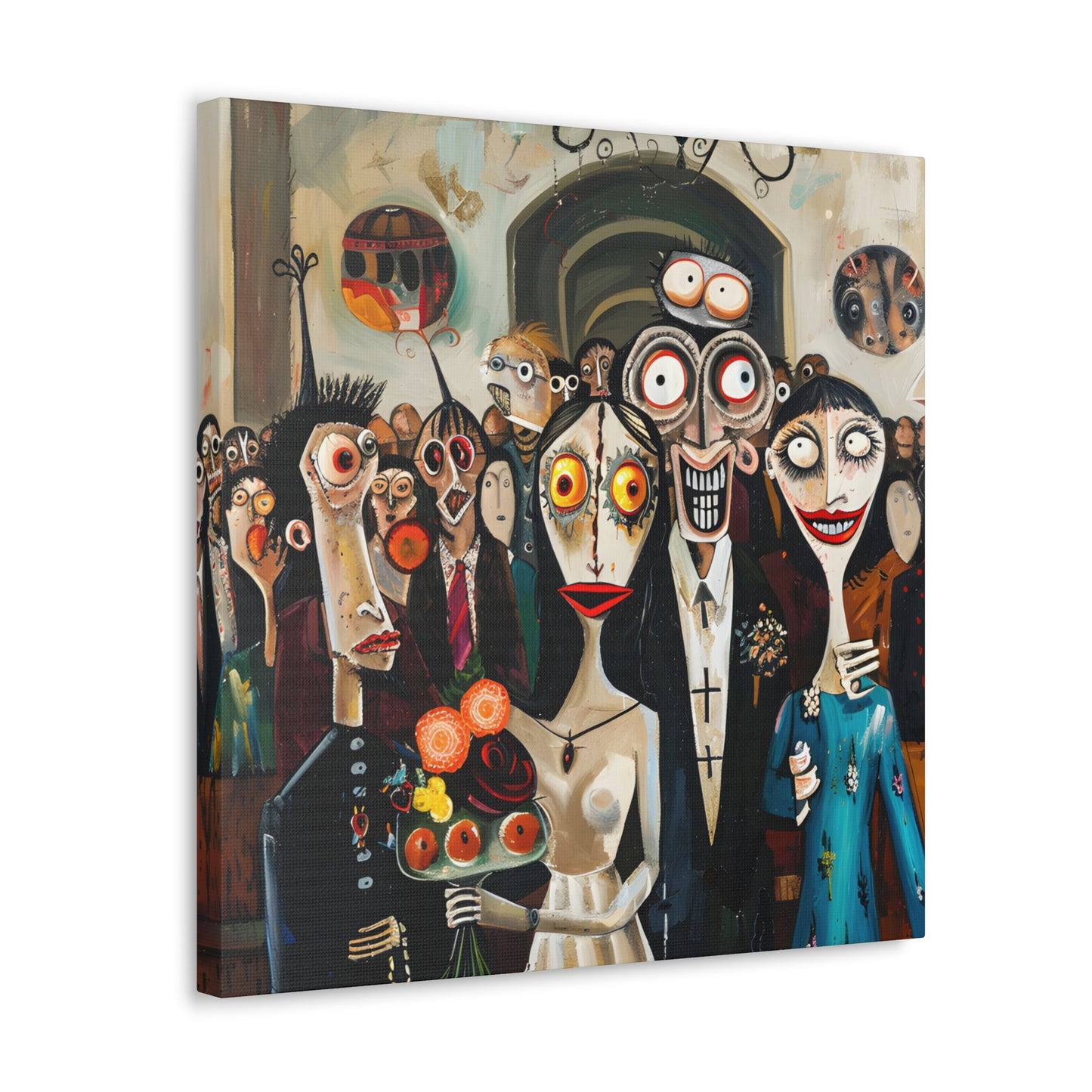 angled 1 Whimsical wedding scene with caricatured bride and groom, surrounded by guests with exaggerated, comical expressions, set against a backdrop of abstract and surreal elements\