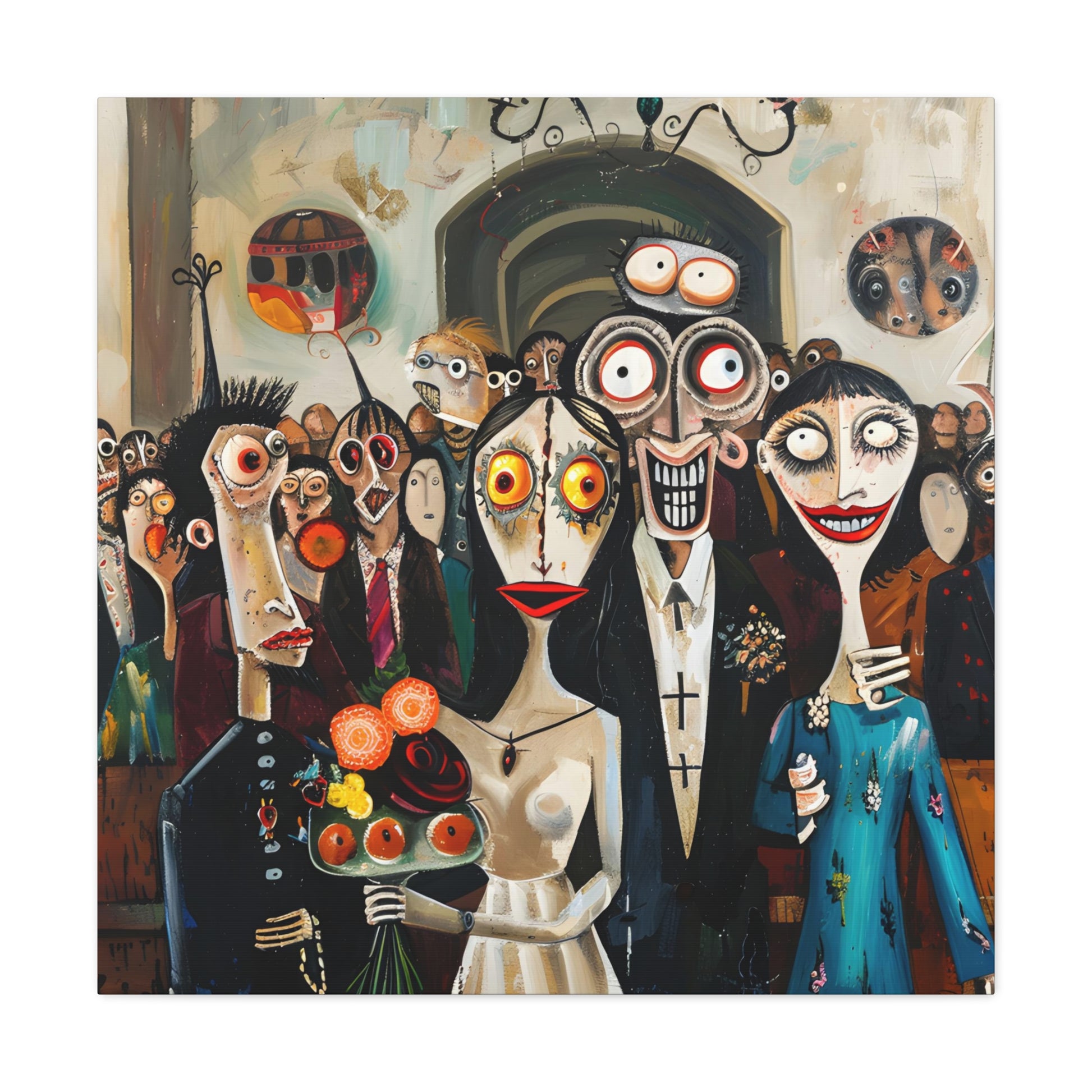 image 3 Whimsical wedding scene with caricatured bride and groom, surrounded by guests with exaggerated, comical expressions, set against a backdrop of abstract and surreal elements