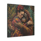 A David Miller inspired artwork of a woman embracing an orangutan amidst tropical foliage. Printify's Embrace of the Wild Exclusive Canvas Print.