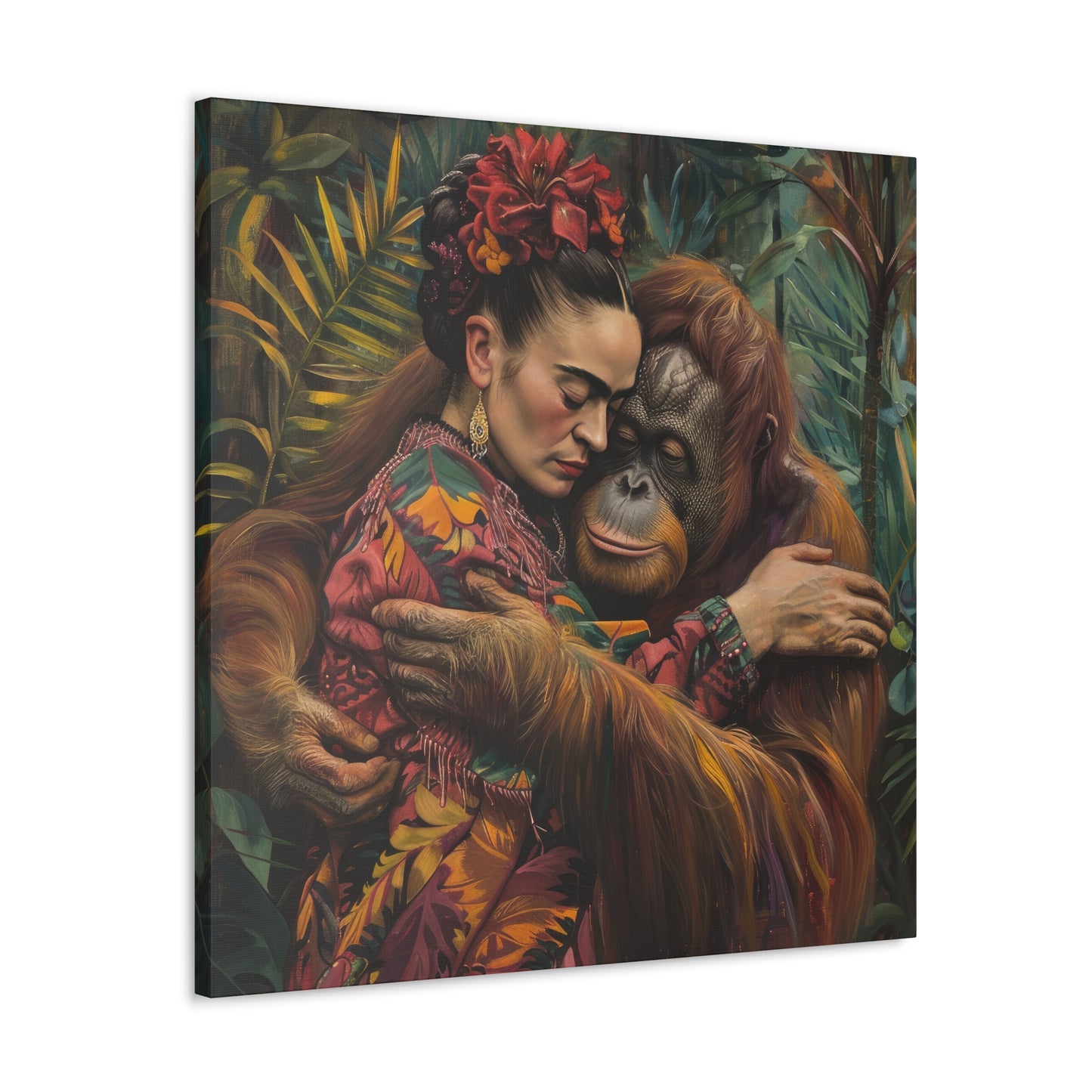 A David Miller inspired artwork of a woman embracing an orangutan amidst tropical foliage. Printify's Embrace of the Wild Exclusive Canvas Print.