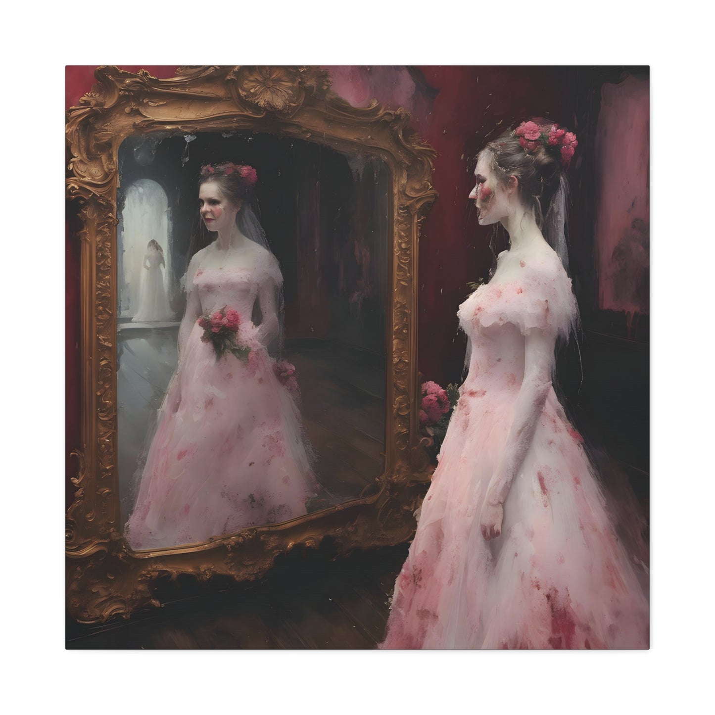 Reflections of a Timeless Moment' painting captures a bride in a vintage pink gown, reflecting in a grandiose mirror in a Victorian dressing room. The artwork contrasts the opulent gold frame with the room's dark tones, highlighting her delicate dress and tender expression, symbolizing personal reflection and quiet joy before a life-changing event