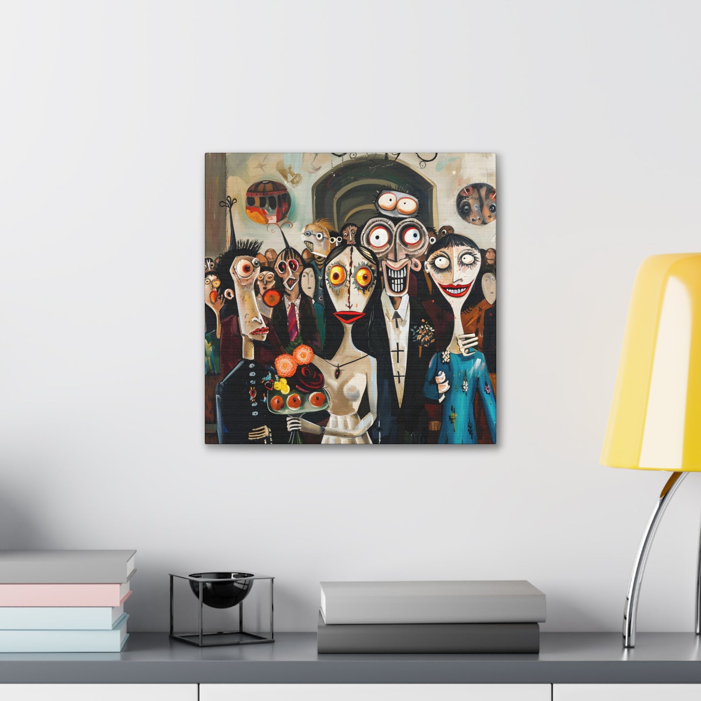 insitu with desk Whimsical wedding scene with caricatured bride and groom, surrounded by guests with exaggerated, comical expressions, set against a backdrop of abstract and surreal elements