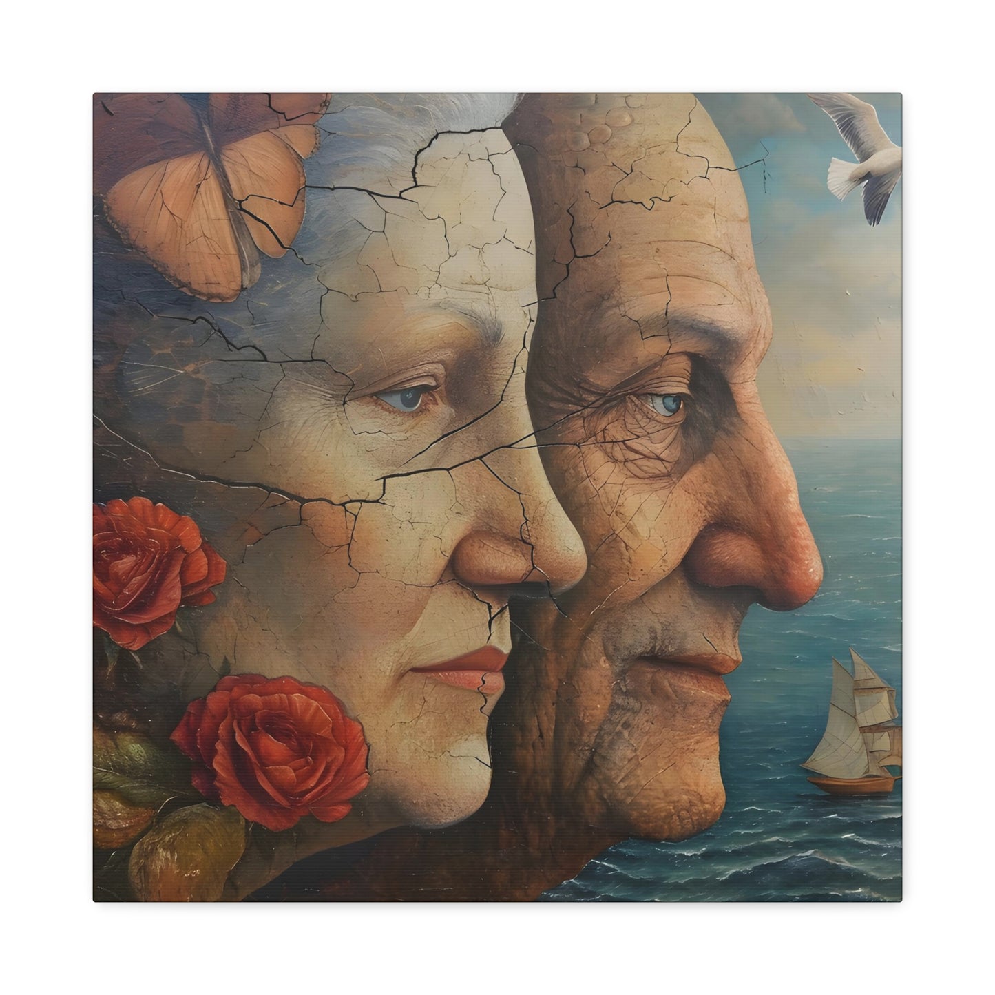 image 3 Evocative painting by Alteo Marin depicting two faces, symbolizing different life stages or a shared lifetime. Features include a cracked texture representing life's experiences, a butterfly on a woman’s temple symbolizing transformation, roses for romance, a tranquil sea background with a sailing ship for life's journey, and a seagull representing freedom. Printed on 100% cotton fabric for vibrant detail.