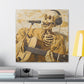 in situ depicting a skeleton singing into a microphone, embodying music's redemptive power, inspired by 'American Pie' lyrics, with golden tones symbolizing music's sanctity