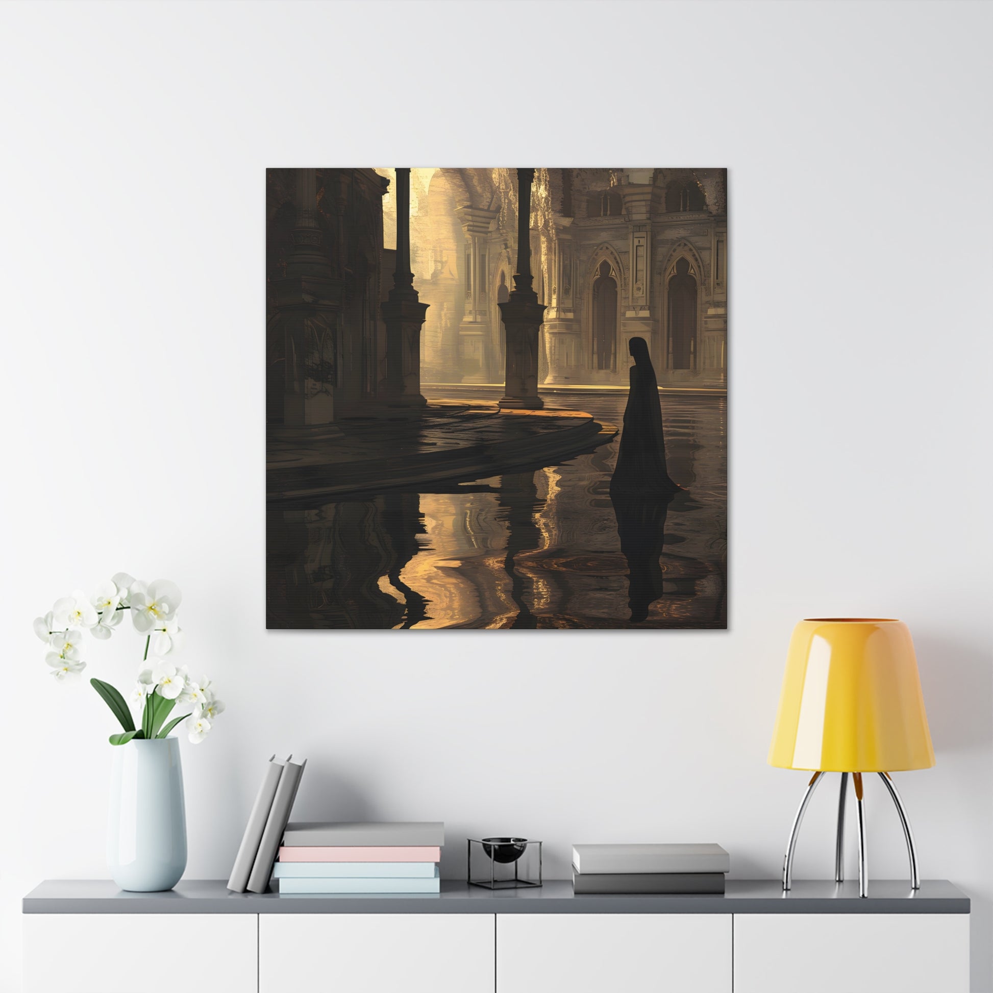 in situ 3 Avery Pennington's artwork of a golden-lit, flooded cathedral with a solitary figure in black, blending Gothic architecture with reflections in water, evoking solitude and introspection