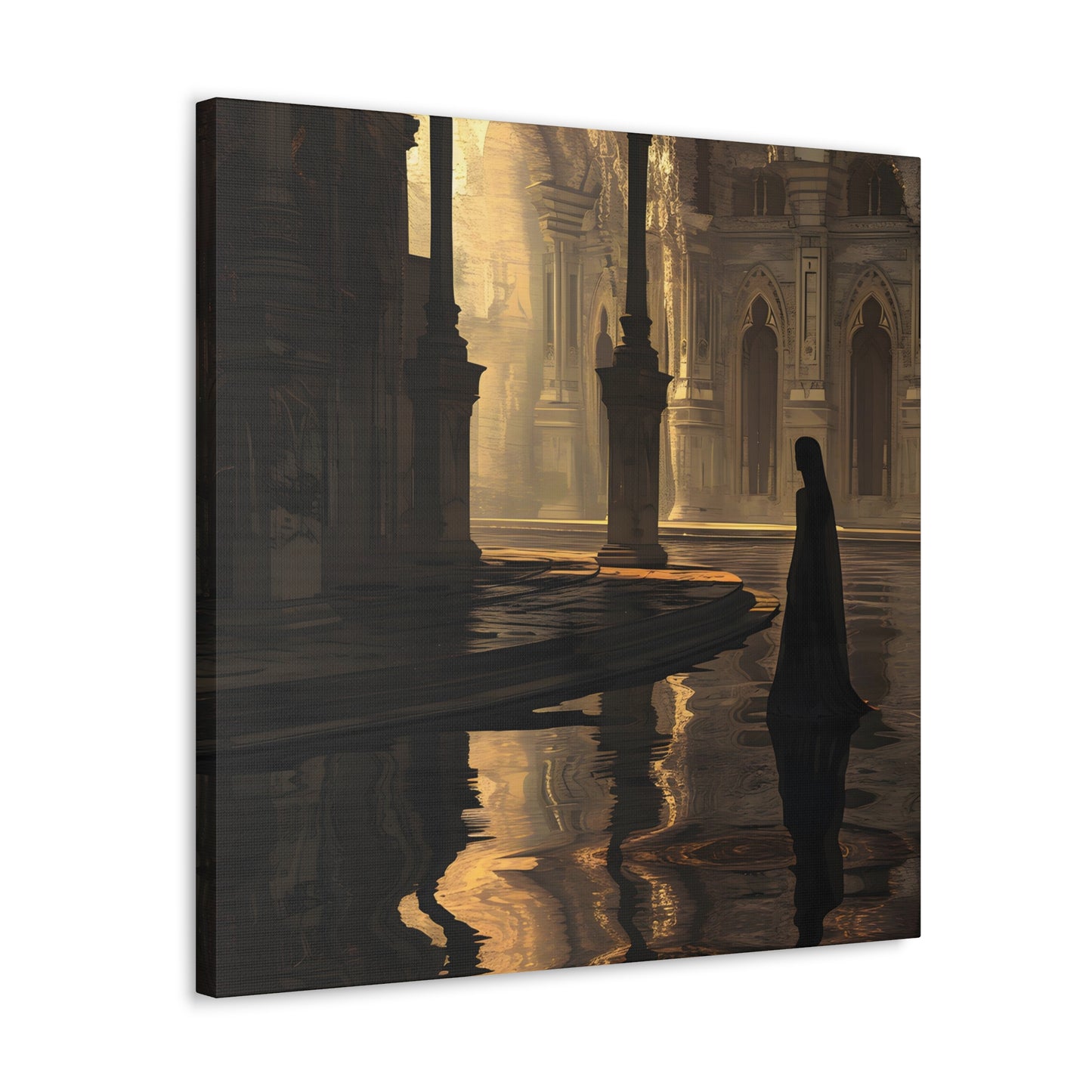angled Avery Pennington's artwork of a golden-lit, flooded cathedral with a solitary figure in black, blending Gothic architecture with reflections in water, evoking solitude and introspection
