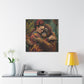 A conservation themed painting of a woman embracing an orangutan from the David Miller's "Embrace of the Wild" Exclusive Canvas Print collection hangs on a white wall above a modern sideboard with a lamp, books, and vase of flowers.