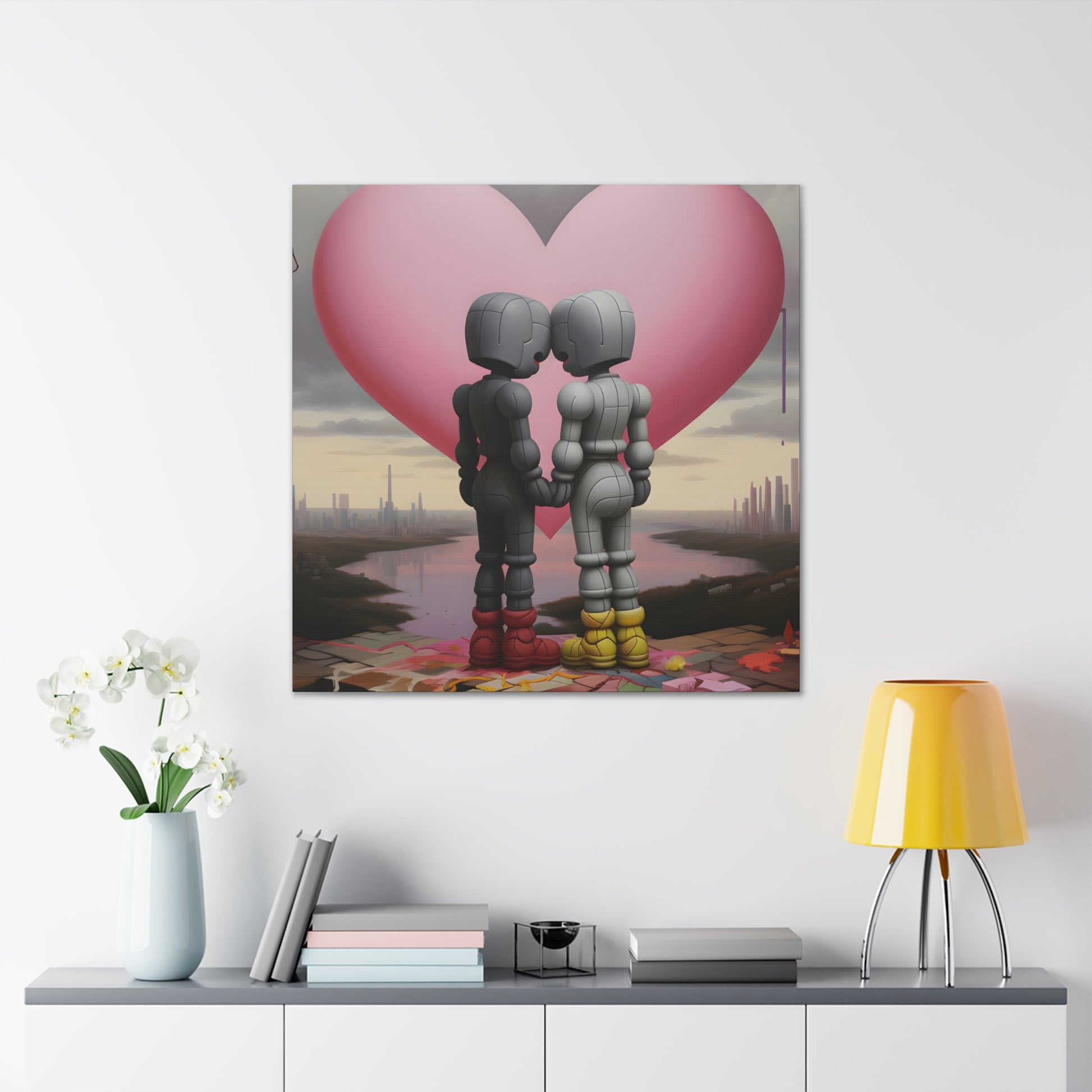 in situ 5 Contemporary artwork by Archer Dent, reflecting on connection in a mechanized era, blending urban surrealism with a tender embrace against a stark cityscape, provoking thoughts on love amidst modernity.
