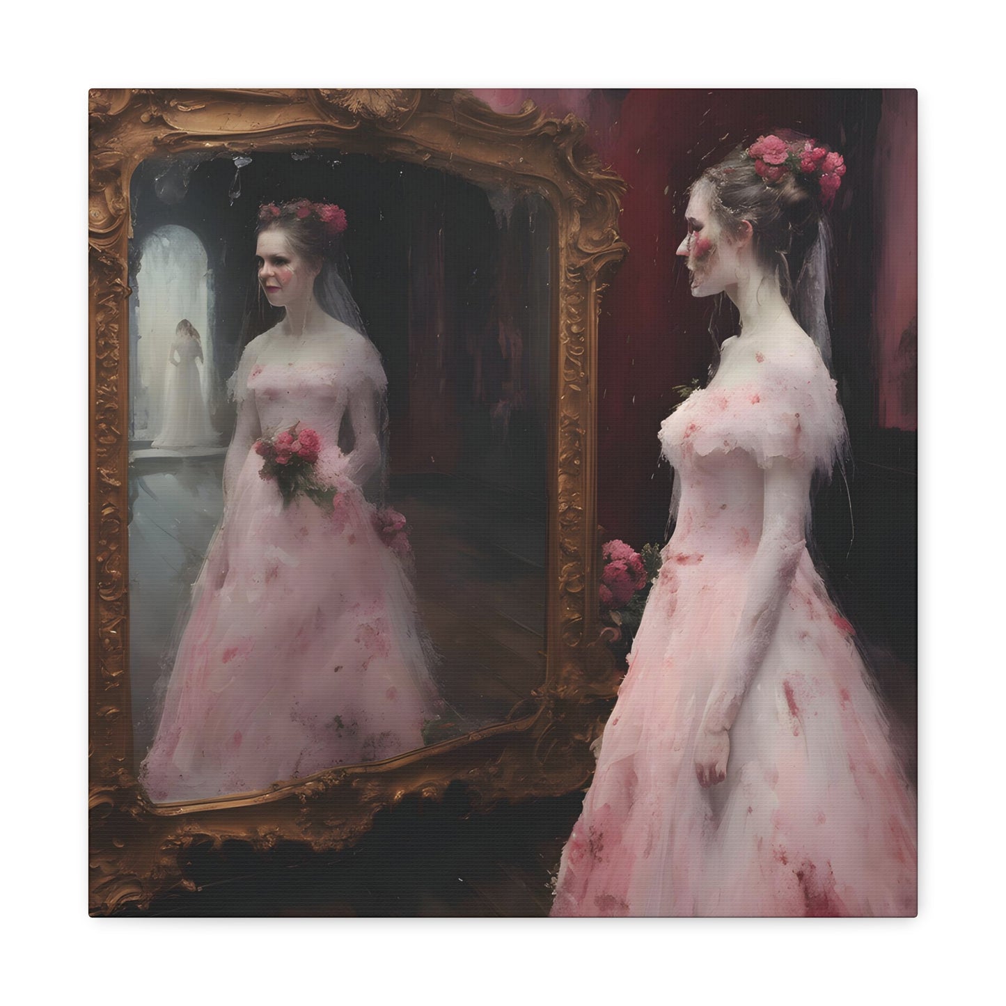 image 2 Reflections of a Timeless Moment' painting captures a bride in a vintage pink gown, reflecting in a grandiose mirror in a Victorian dressing room. The artwork contrasts the opulent gold frame with the room's dark tones, highlighting her delicate dress and tender expression, symbolizing personal reflection and quiet joy before a life-changing event