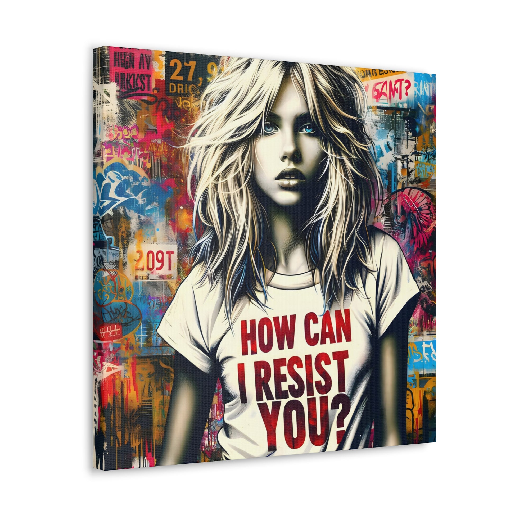 angled 2 AI-generated art, 'Resist You? – An ABBA Echo,' with a modern Aphrodite in urban setting, her shirt reading 'HOW CAN I RESIST YOU?' amidst colorful graffiti, echoing ABBA's themes.