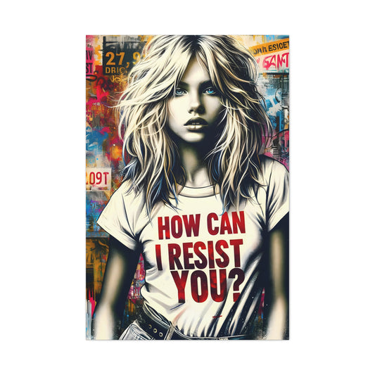 vertical canvas. AI-generated art, 'Resist You? – An ABBA Echo,' with a modern Aphrodite in urban setting, her shirt reading 'HOW CAN I RESIST YOU?' amidst colorful graffiti, echoing ABBA's themes.