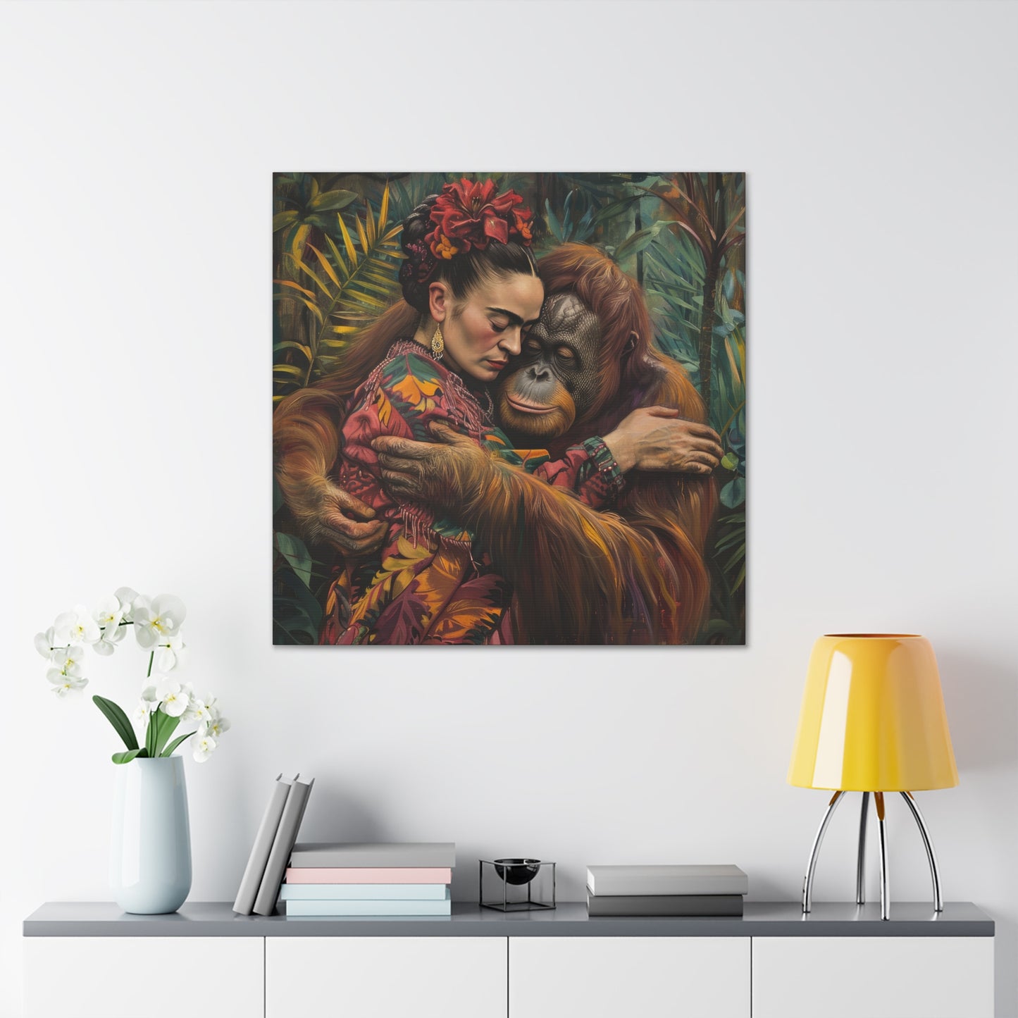 A vibrant David Miller. Embrace of the Wild. Exclusive Canvas Print, displayed above a sideboard with decorative items and books from Printify.