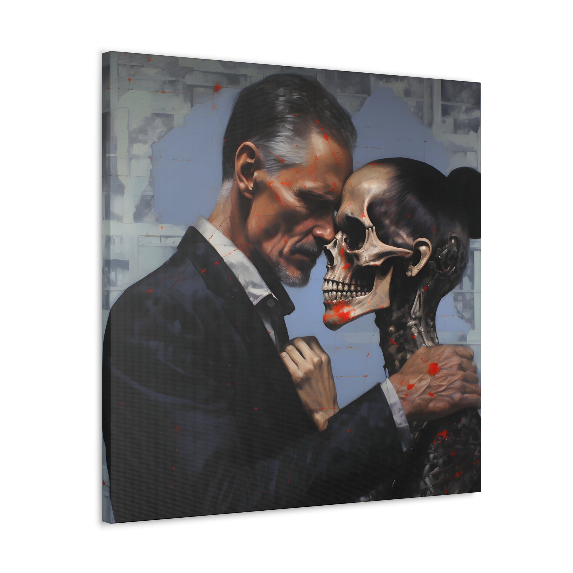 angeled shot Embrace of Mortality', a hyperrealist painting depicting the haunting juxtaposition of love and death, offering a visceral reminder of human fragility, inspired by vanitas art traditions with a modern twist.