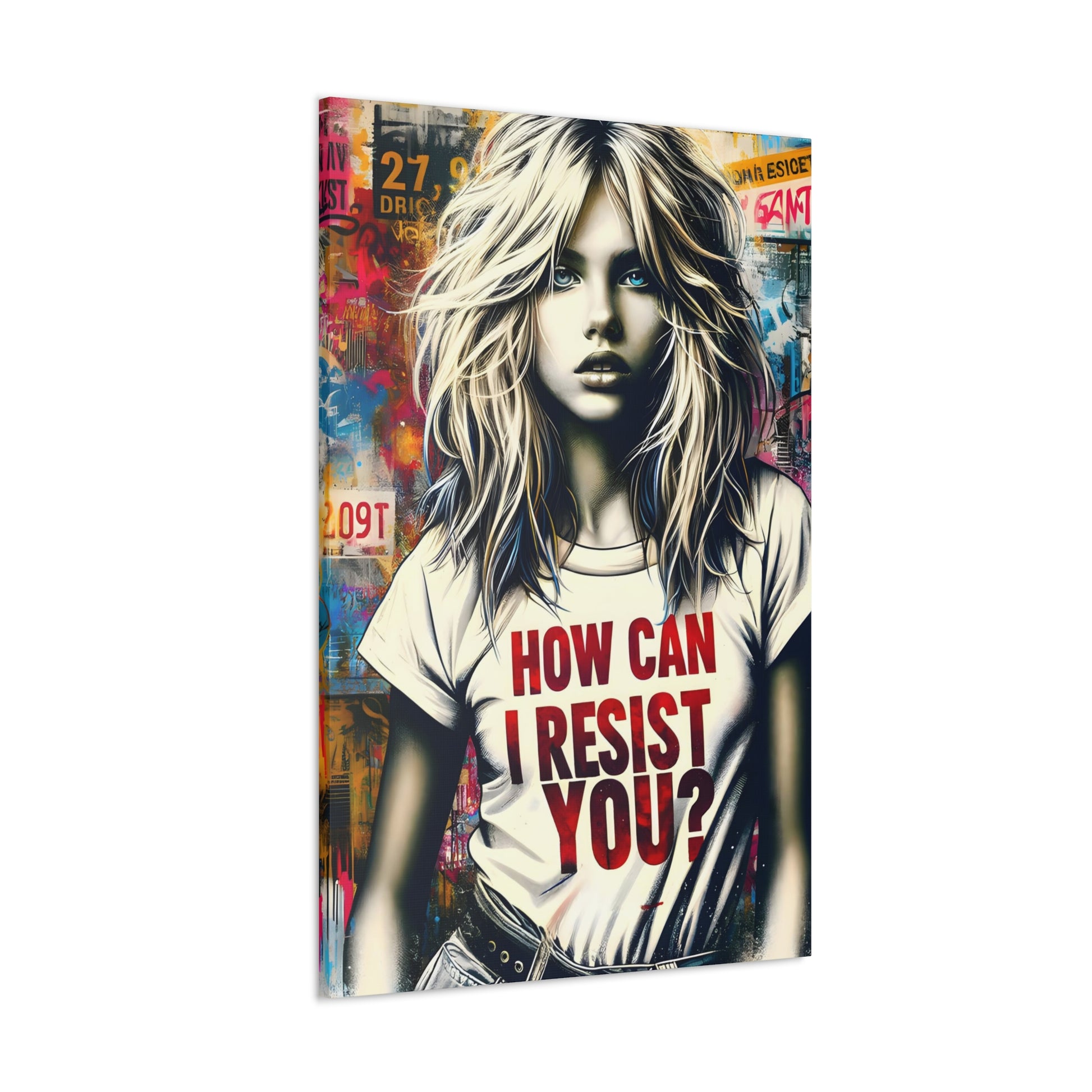vertical and angled AI-generated art, 'Resist You? – An ABBA Echo,' with a modern Aphrodite in urban setting, her shirt reading 'HOW CAN I RESIST YOU?' amidst colorful graffiti, echoing ABBA's themes.