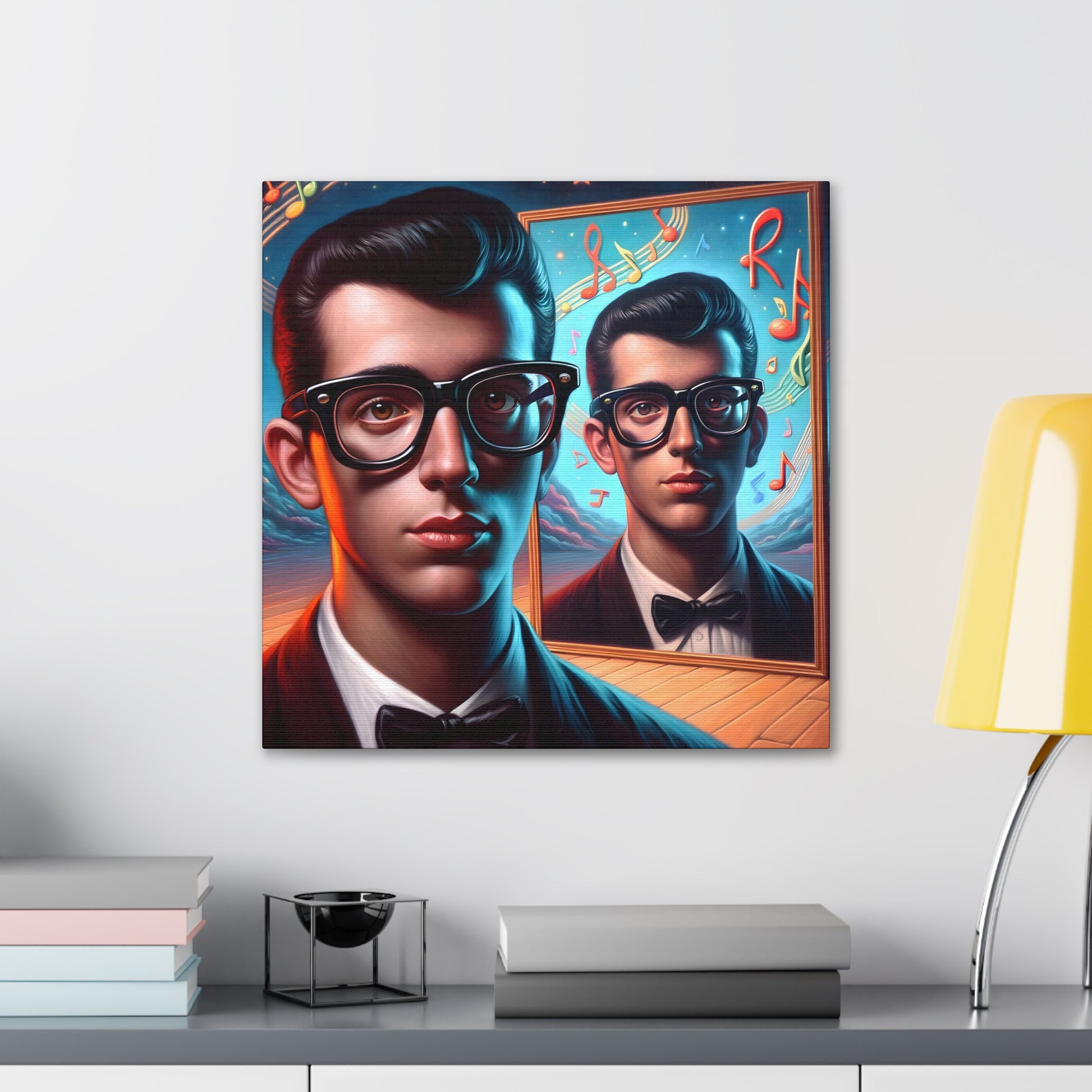 in situ Vibrant retro-inspired artwork capturing the essence of the 1950s rock and roll era. Features a cool vintage figure with slick hair and thick-rimmed glasses, gazing into a mirror that reflects a dreamy, music-filled cosmos with musical notes and celestial bodies. Warm color palette with twilight blues, depicting an intimate yet imaginative scene reminiscent of vinyl and jukeboxes.