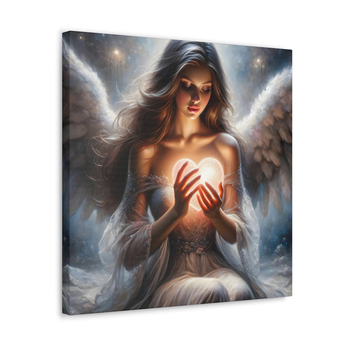 anglke 3 Celestial Embrace' canvas wall art by Aurora, featuring an angelic being cradling a glowing heart to symbolize the purity and passion of love. The artwork is rich in ethereal details and luminescent tones, creating a serene yet powerful ambiance, ideal for those who love heavenly-inspired decor with a romantic touch.