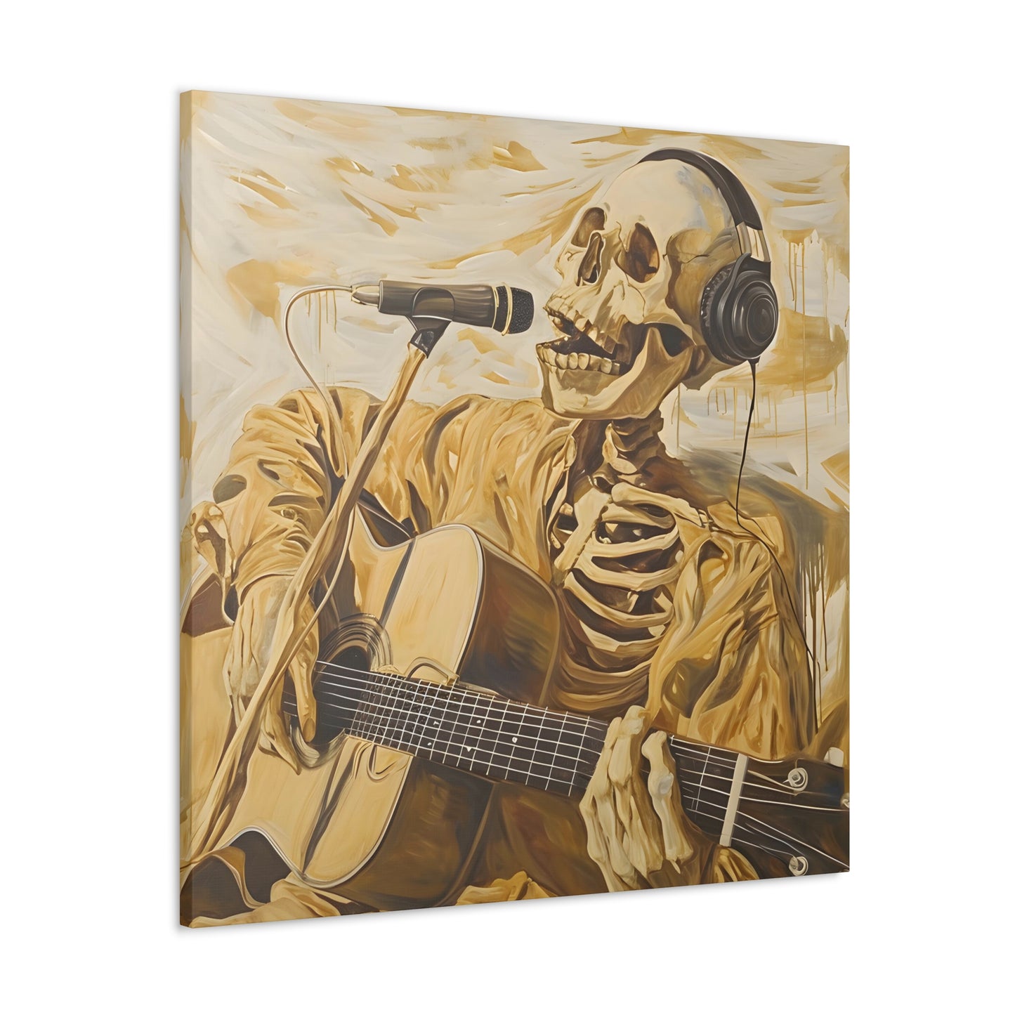 angled 4 depicting a skeleton singing into a microphone, embodying music's redemptive power, inspired by 'American Pie' lyrics, with golden tones symbolizing music's sanctity