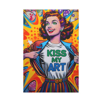 portrait version ‘Chromatic Charm: Kiss My Art’ by Alvin Goldman, a pop art piece inspired by Roy Lichtenstein, featuring a girl with a radiant smile wearing a 'Kiss My Art' tee, embodying the movement's playful essence and bold colors, ideal for art enthusiasts looking to add a burst of color and pop culture to their space."