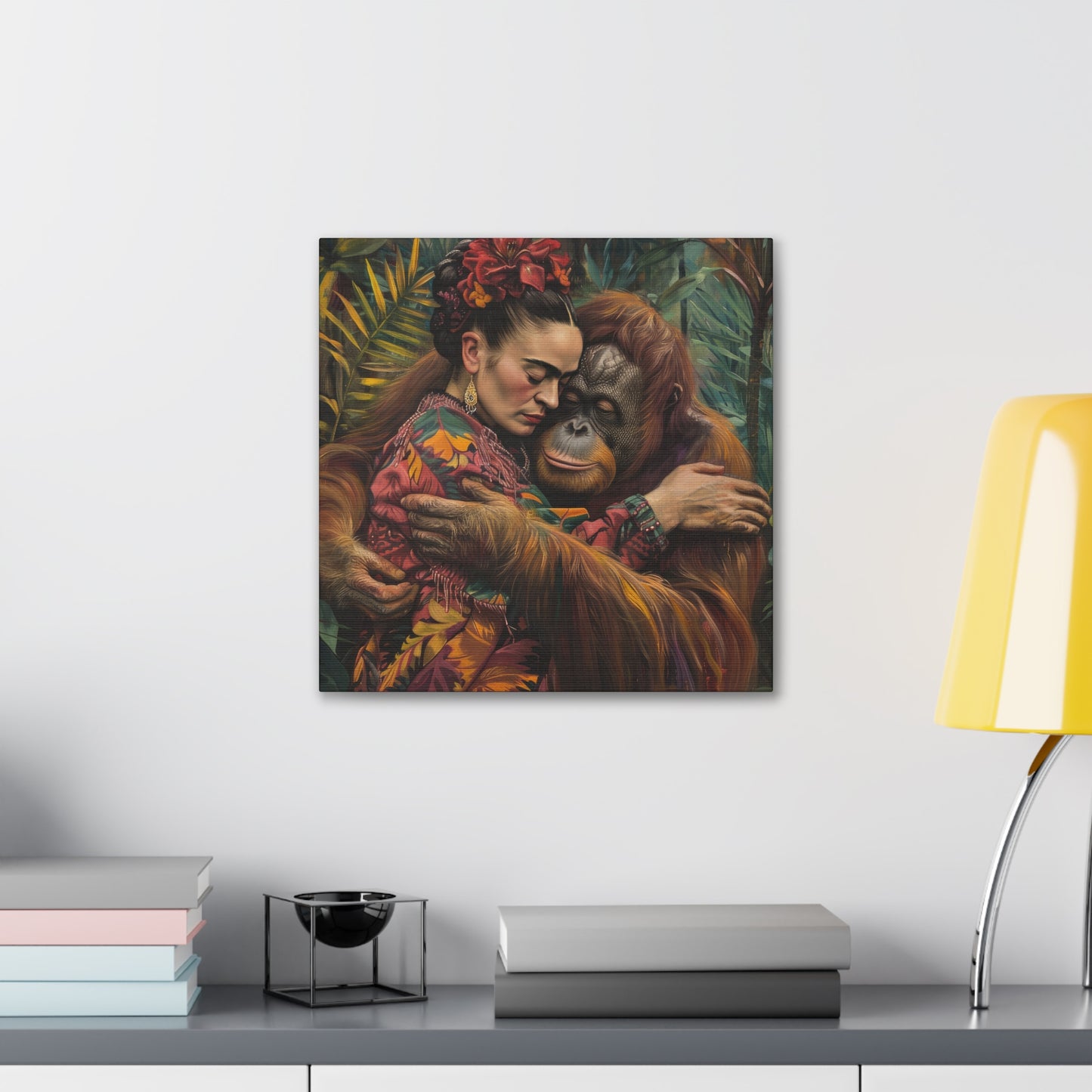 Conservation themed painting of a woman embracing an orangutan by David Miller, Embrace of the Wild, hung on a wall above a modern sideboard by Printify.