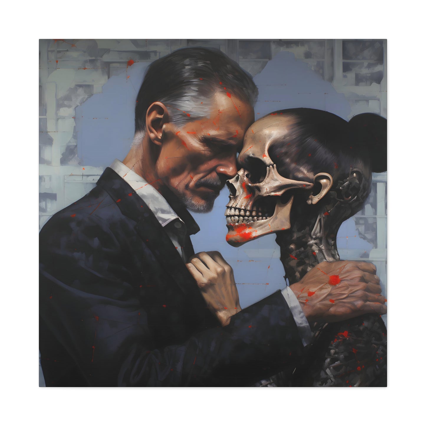 image 4 Embrace of Mortality', a hyperrealist painting depicting the haunting juxtaposition of love and death, offering a visceral reminder of human fragility, inspired by vanitas art traditions with a modern twist.