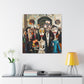 insitu with lamp Whimsical wedding scene with caricatured bride and groom, surrounded by guests with exaggerated, comical expressions, set against a backdrop of abstract and surreal elements