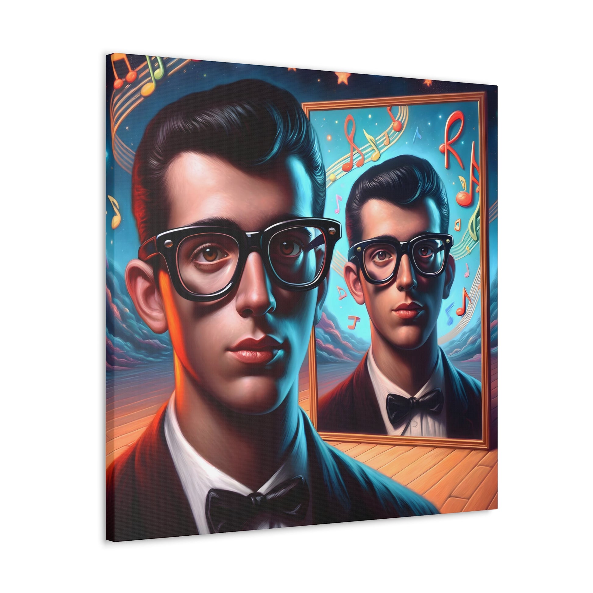 angled pic Vibrant retro-inspired artwork capturing the essence of the 1950s rock and roll era. Features a cool vintage figure with slick hair and thick-rimmed glasses, gazing into a mirror that reflects a dreamy, music-filled cosmos with musical notes and celestial bodies. Warm color palette with twilight blues, depicting an intimate yet imaginative scene reminiscent of vinyl and jukeboxes.