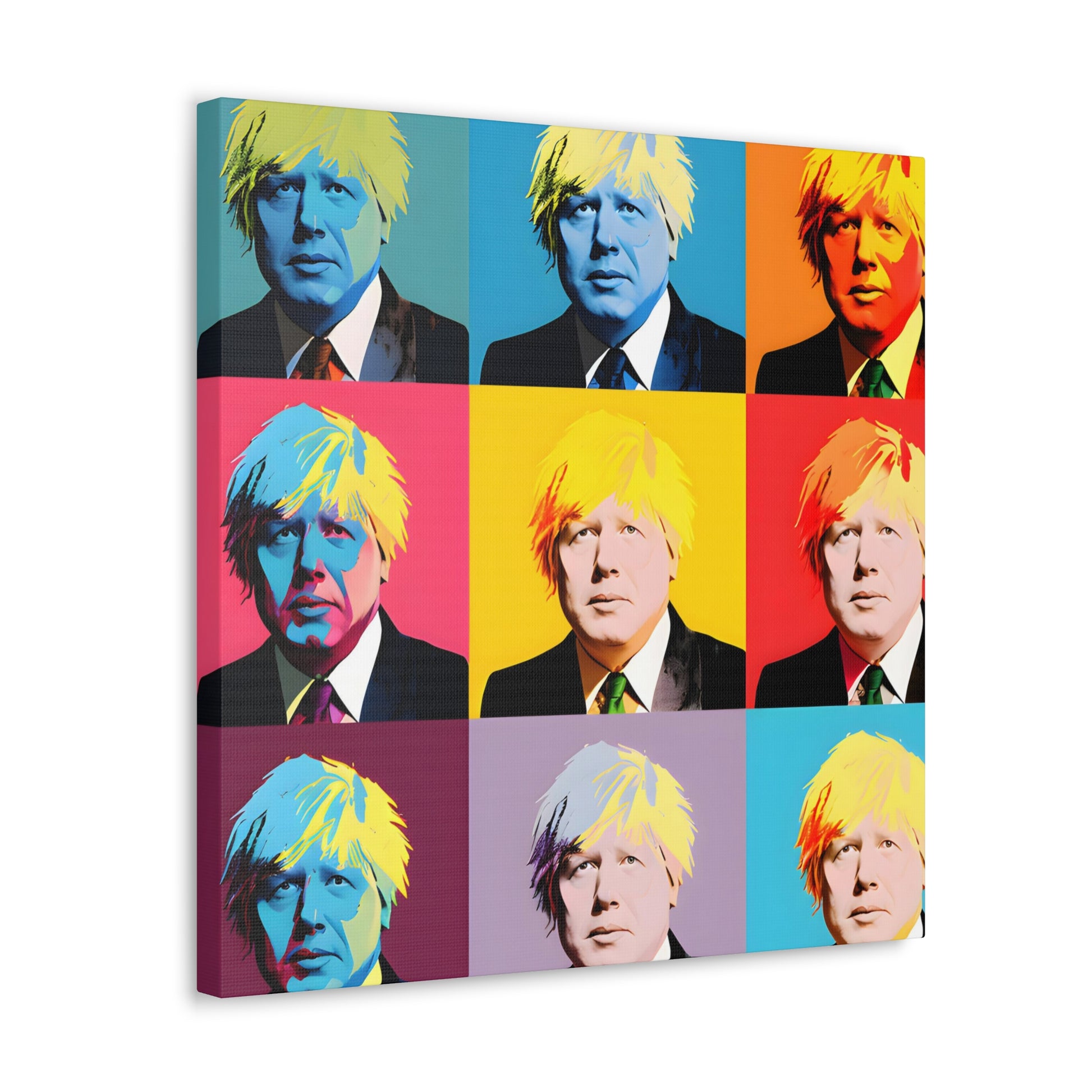 angled shot Artwork by Ava Richardson, a contemporary and vibrant depiction of political figure Boris Johnson in a pop art style akin to Andy Warhol. The image presents a satirical blend of politics and celebrity, with colorful, stylized forms that emphasize the intersection of Johnson's public persona and pop culture status, reflecting his notorious blending of personal and political life.