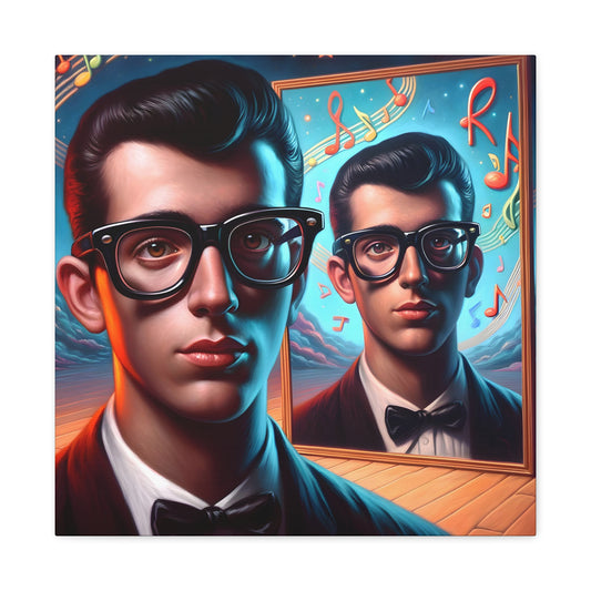 Vibrant retro-inspired artwork capturing the essence of the 1950s rock and roll era. Features a cool vintage figure with slick hair and thick-rimmed glasses, gazing into a mirror that reflects a dreamy, music-filled cosmos with musical notes and celestial bodies. Warm color palette with twilight blues, depicting an intimate yet imaginative scene reminiscent of vinyl and jukeboxes.