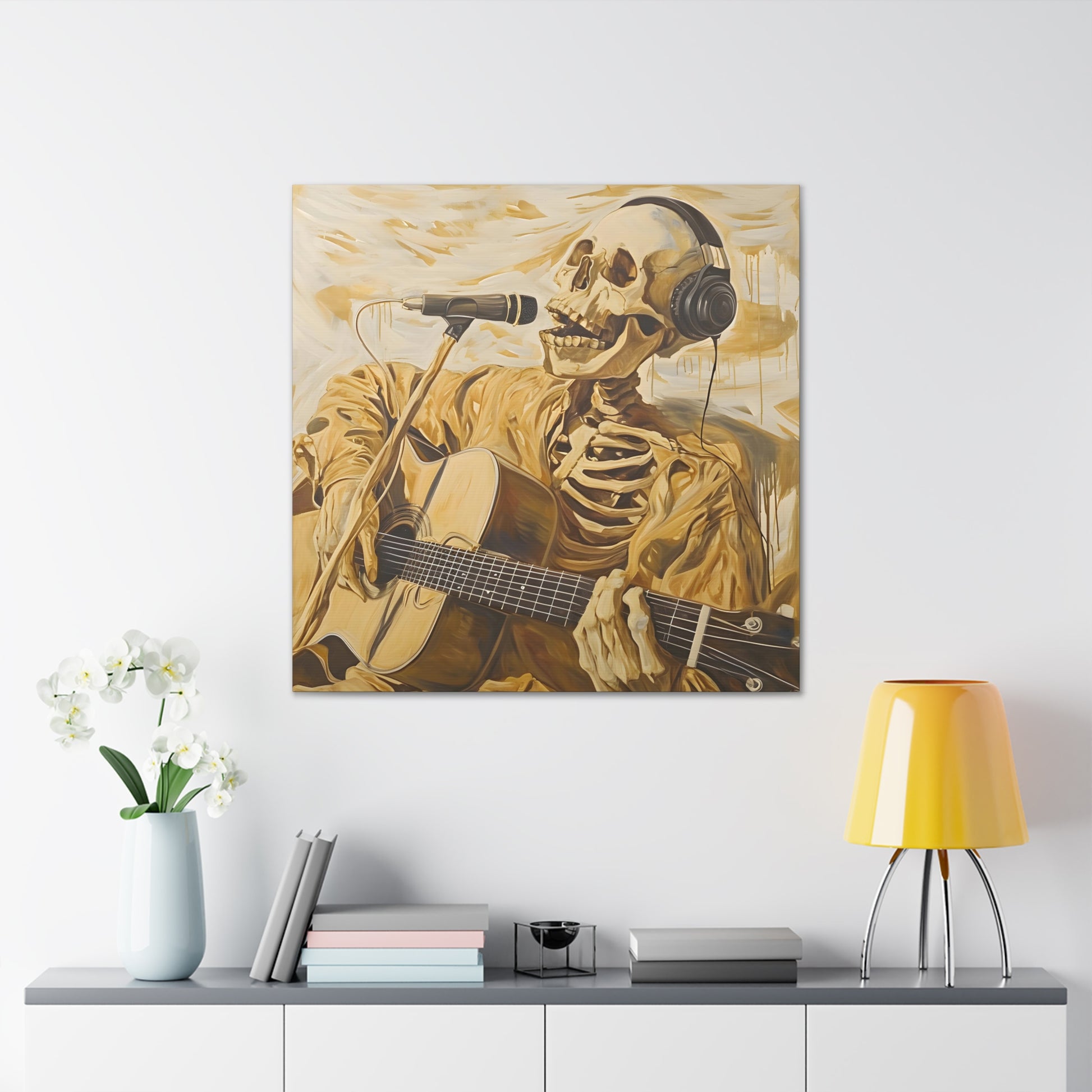in siti 3 depicting a skeleton singing into a microphone, embodying music's redemptive power, inspired by 'American Pie' lyrics, with golden tones symbolizing music's sanctity