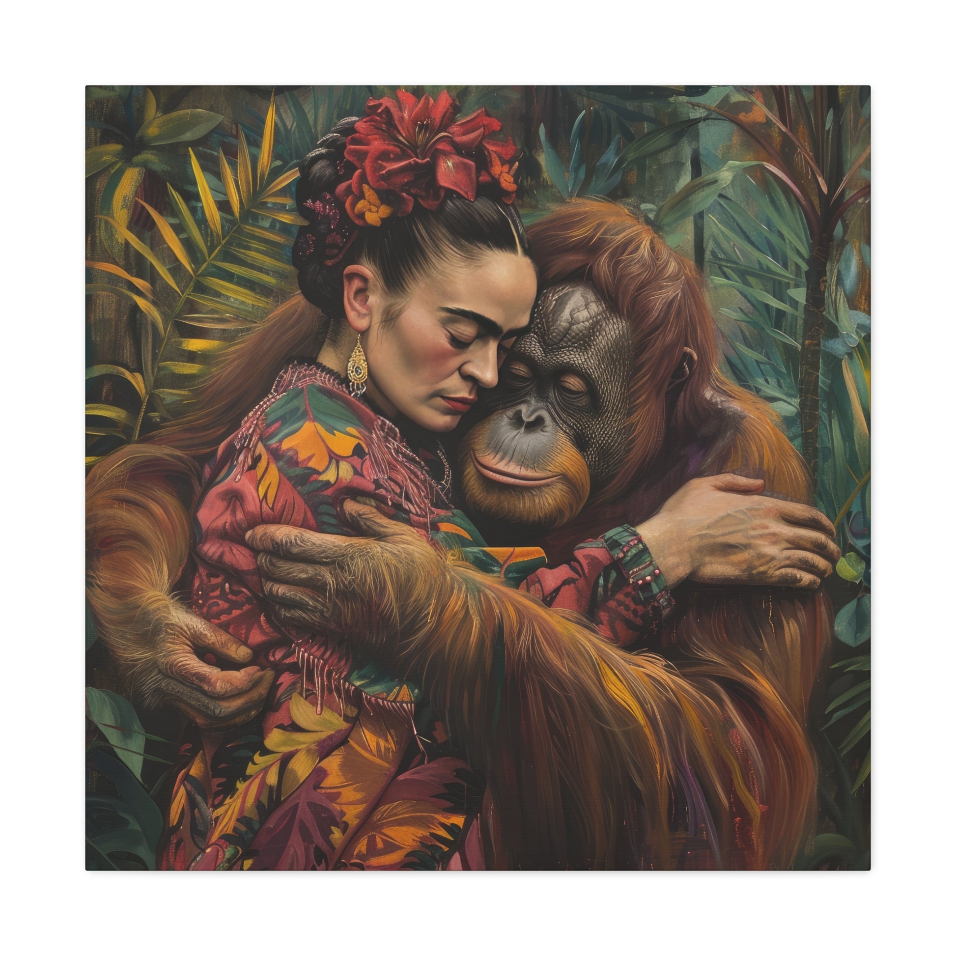 A person and an orangutan in a close embrace amongst lush foliage, depicted in a vibrant David Miller. Embrace of the Wild. Exclusive Canvas Print reminiscent of Frida Kahlo's artwork from Printify.