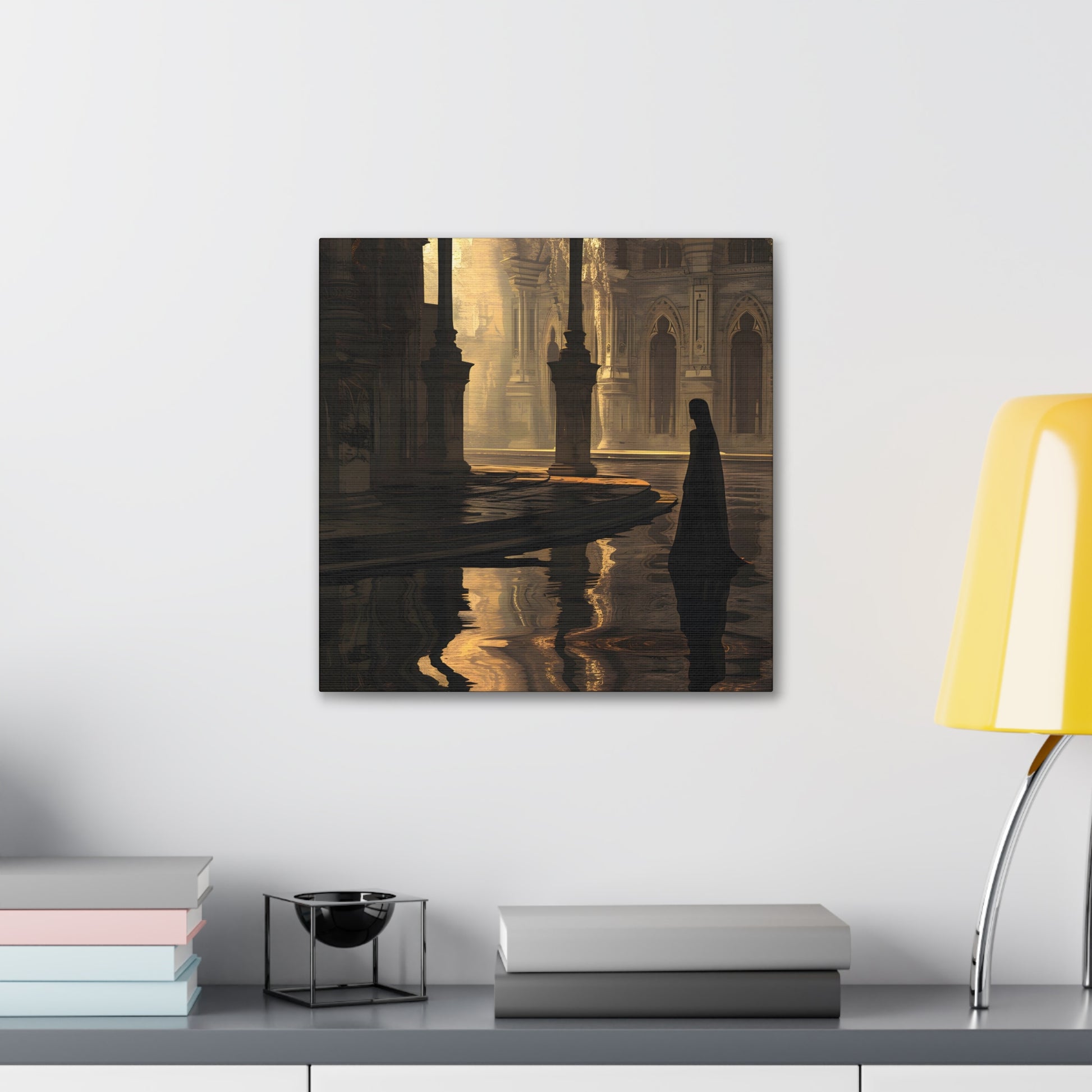 Avery Pennington's artwork of a golden-lit, flooded cathedral with a solitary figure in black, blending Gothic architecture with reflections in water, evoking solitude and introspection