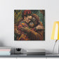A vibrant Printify canvas print depicting a woman embracing an orangutan, reminiscent of Frida Kahlo's artwork, hangs on a wall above a shelf with books and a lamp.