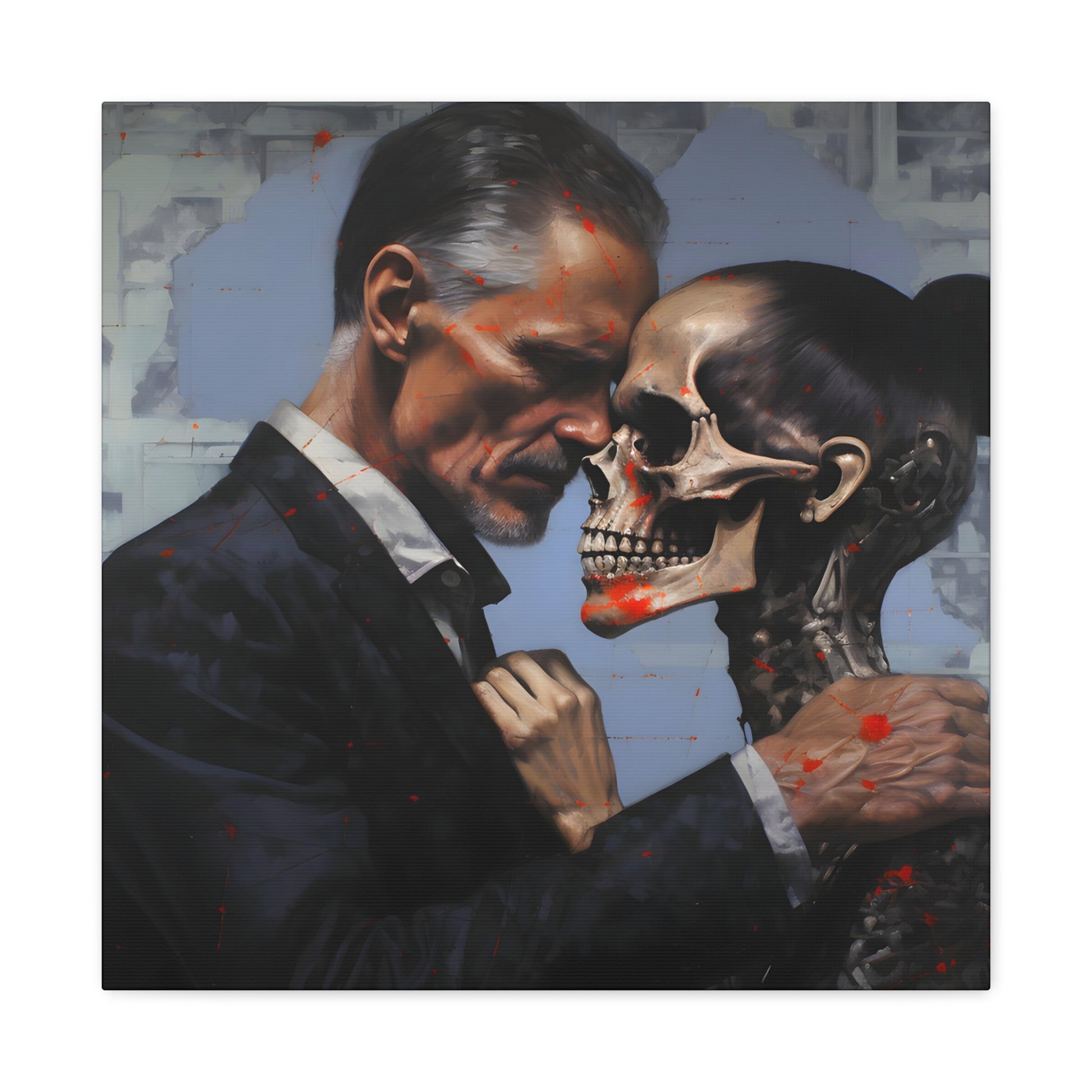 Embrace of Mortality', a hyperrealist painting depicting the haunting juxtaposition of love and death, offering a visceral reminder of human fragility, inspired by vanitas art traditions with a modern twist.